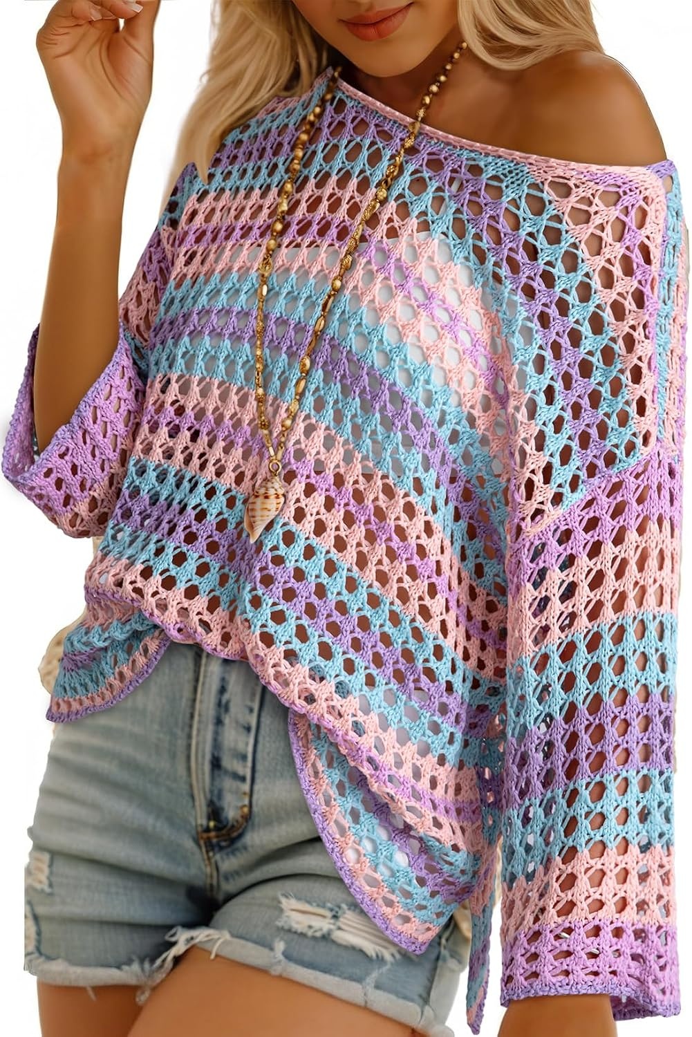 image:imageDokotoo Womens Summer Fall 34 Sleeve Crochet Sweater Hollow Out Color Block Striped Tops Casual Beach Vacation Cover UpsPurple