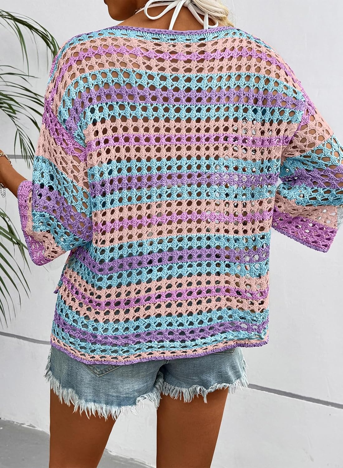 image:imageDokotoo Womens Summer Fall 34 Sleeve Crochet Sweater Hollow Out Color Block Striped Tops Casual Beach Vacation Cover UpsPurple
