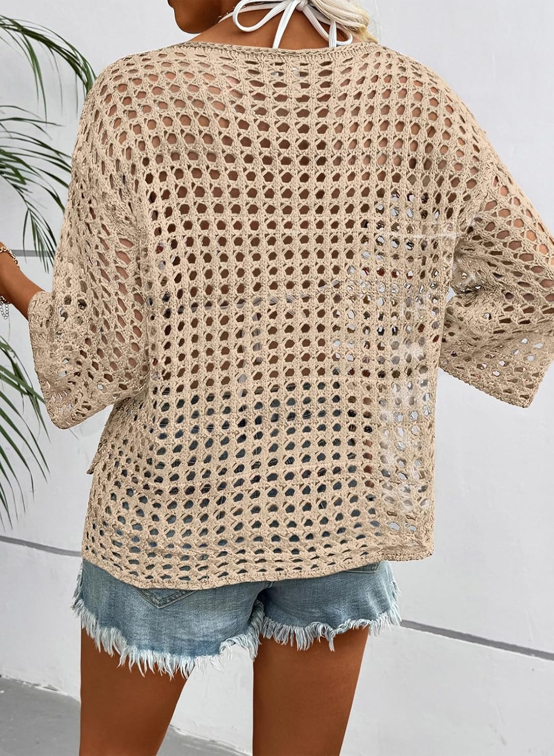 image:imageDokotoo Womens Summer Fall 34 Sleeve Crochet Sweater Hollow Out Color Block Striped Tops Casual Beach Vacation Cover UpsSolid Apricot