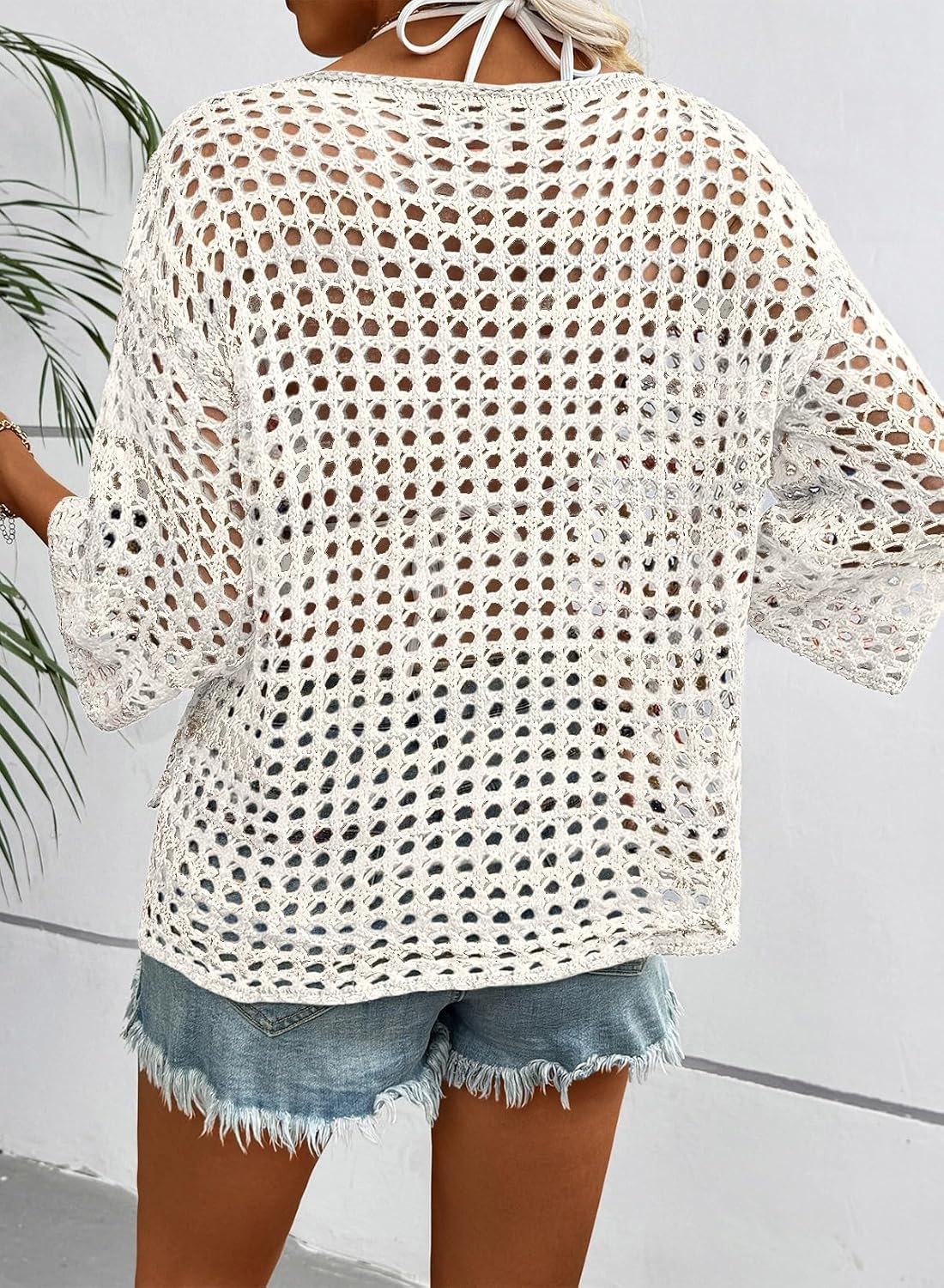 image:imageDokotoo Womens Summer Fall 34 Sleeve Crochet Sweater Hollow Out Color Block Striped Tops Casual Beach Vacation Cover UpsSolid White