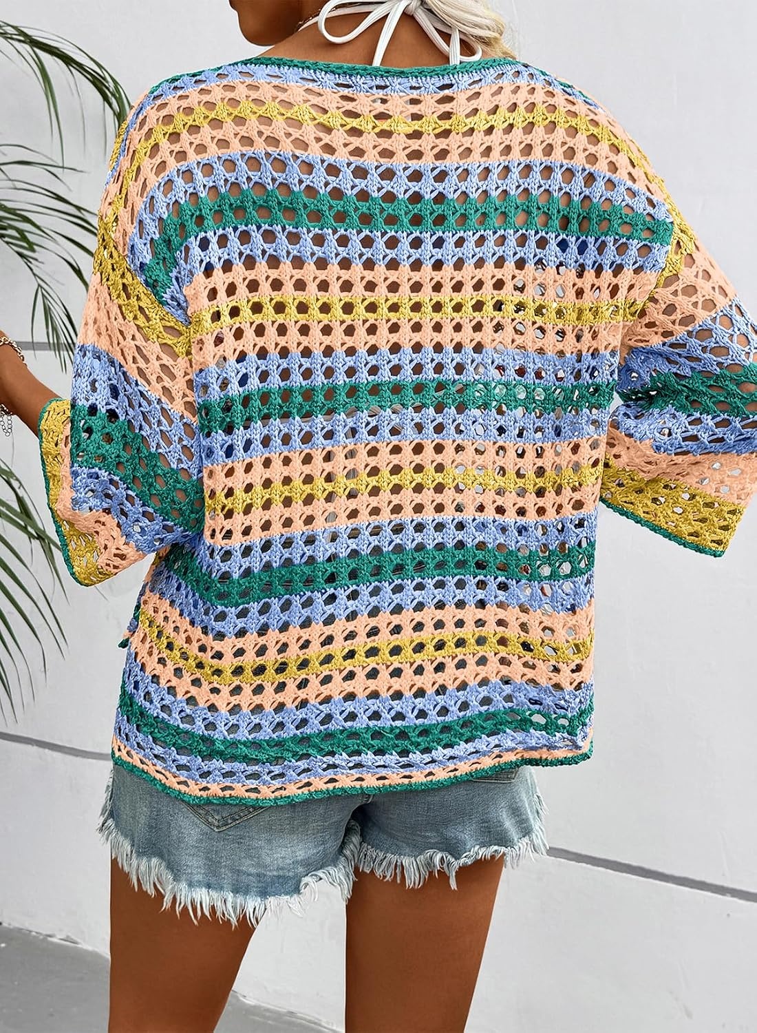 image:imageDokotoo Womens Summer Fall 34 Sleeve Crochet Sweater Hollow Out Color Block Striped Tops Casual Beach Vacation Cover UpsYellow