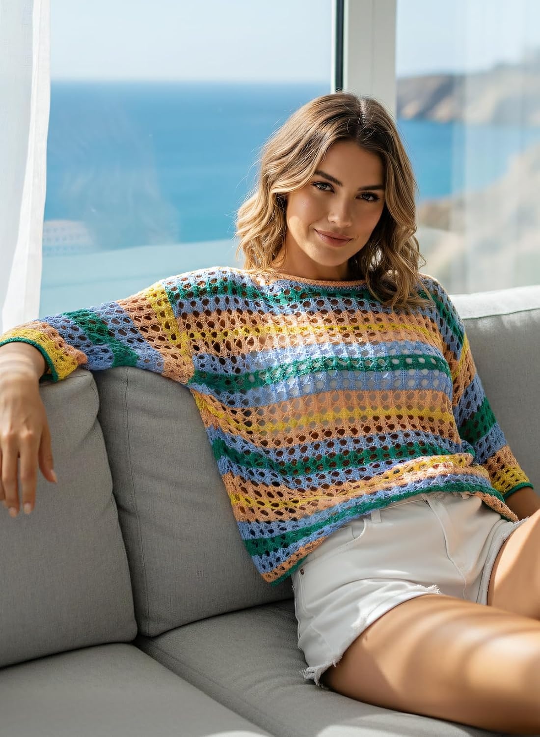 image:imageDokotoo Womens Summer Fall 34 Sleeve Crochet Sweater Hollow Out Color Block Striped Tops Casual Beach Vacation Cover UpsYellow