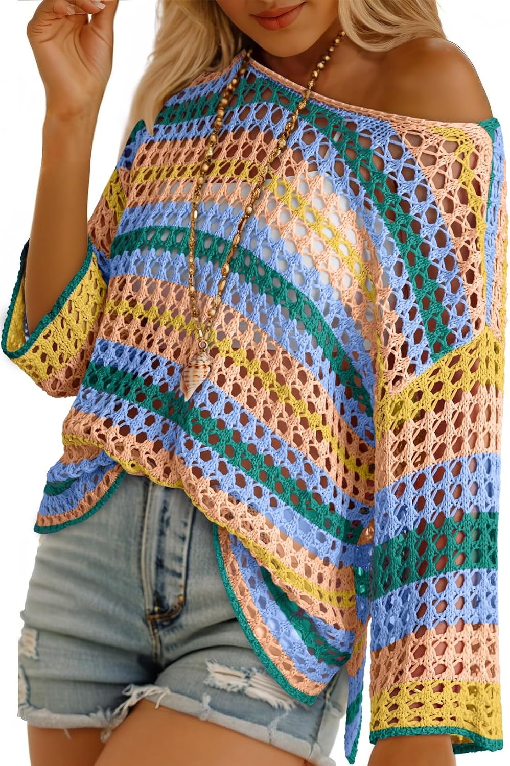 image:imageDokotoo Womens Summer Fall 34 Sleeve Crochet Sweater Hollow Out Color Block Striped Tops Casual Beach Vacation Cover UpsYellow