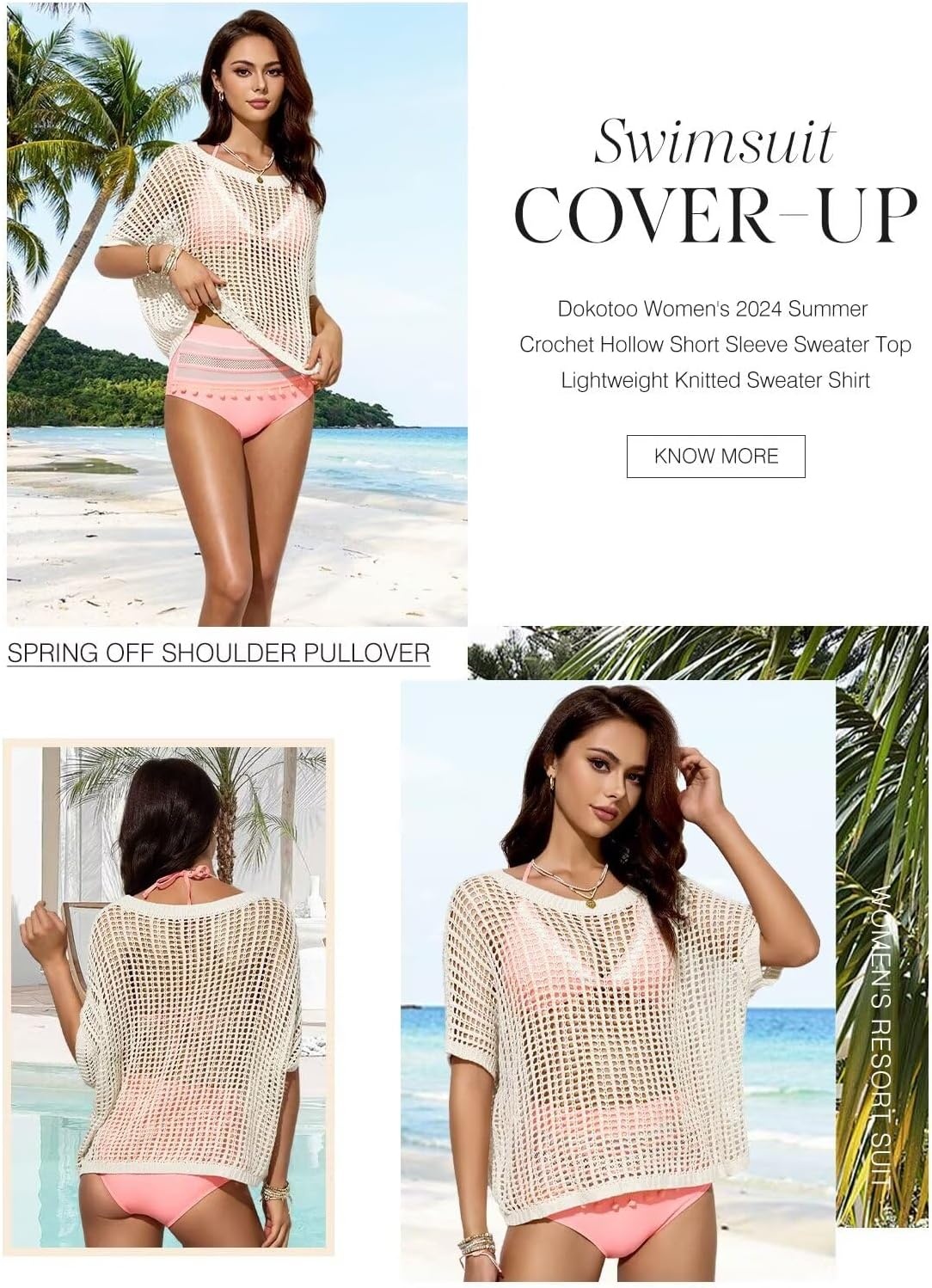 image:imageDokotoo Womens Summer Scoop Neck Short Sleeve Sweater Casual Crochet Hollow Out Knit Tops Pullover Shirts Beach CoverupApricot