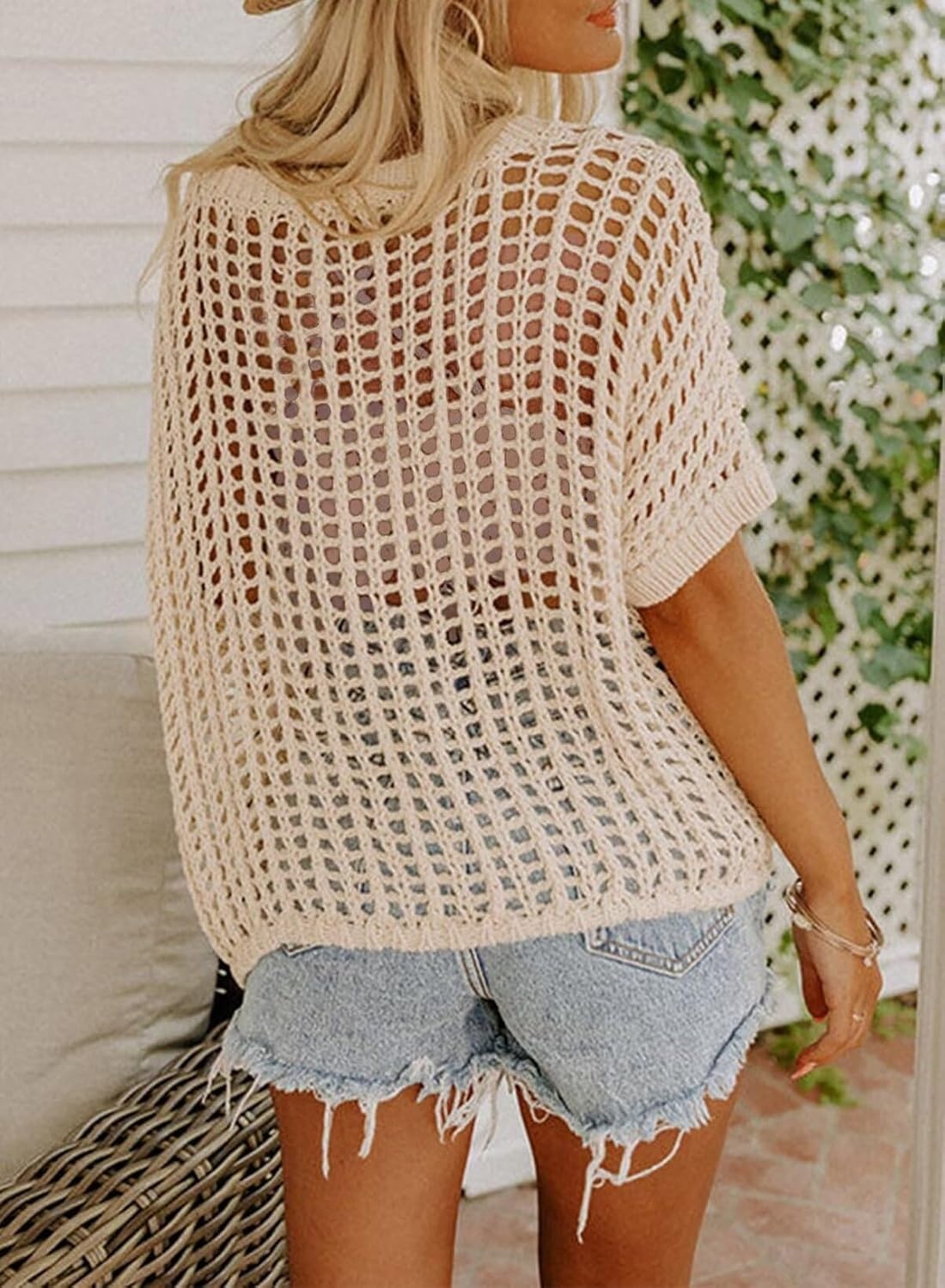 image:imageDokotoo Womens Summer Scoop Neck Short Sleeve Sweater Casual Crochet Hollow Out Knit Tops Pullover Shirts Beach CoverupApricot