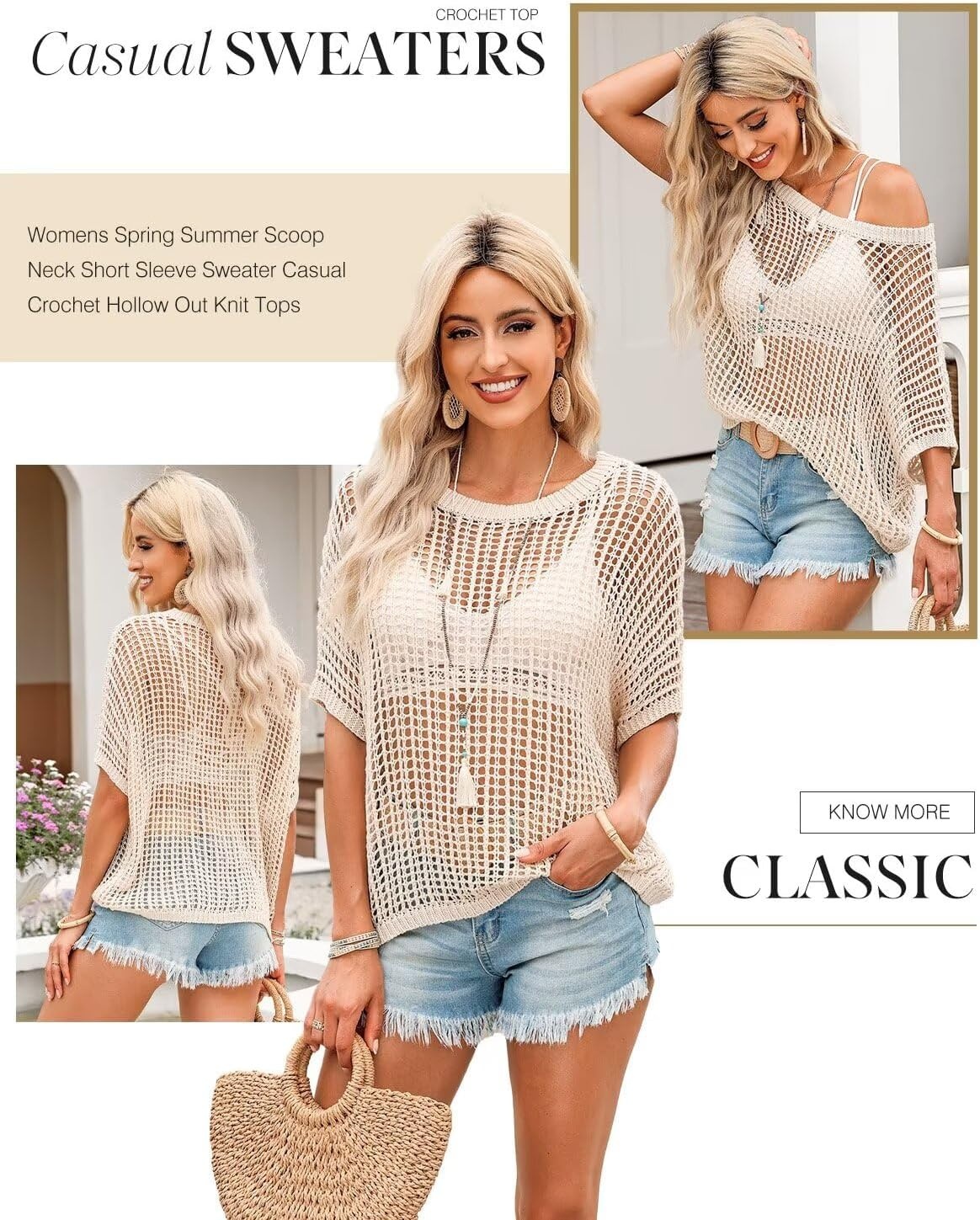 image:imageDokotoo Womens Summer Scoop Neck Short Sleeve Sweater Casual Crochet Hollow Out Knit Tops Pullover Shirts Beach CoverupApricot