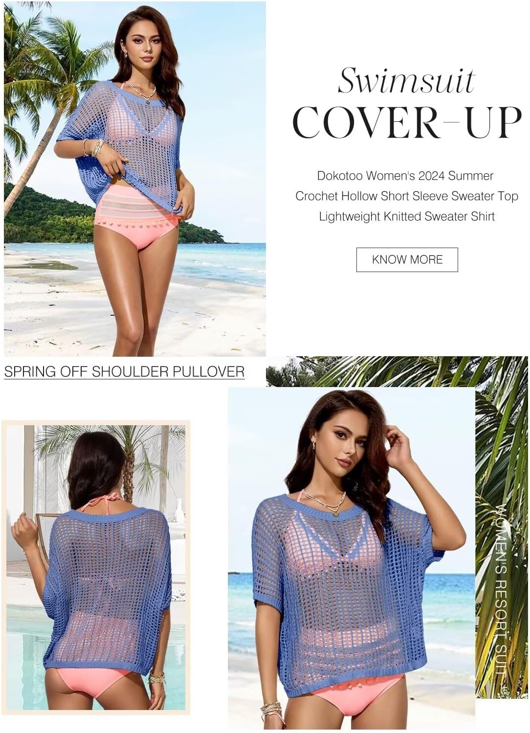 image:imageDokotoo Womens Summer Scoop Neck Short Sleeve Sweater Casual Crochet Hollow Out Knit Tops Pullover Shirts Beach CoverupAshleigh Blue