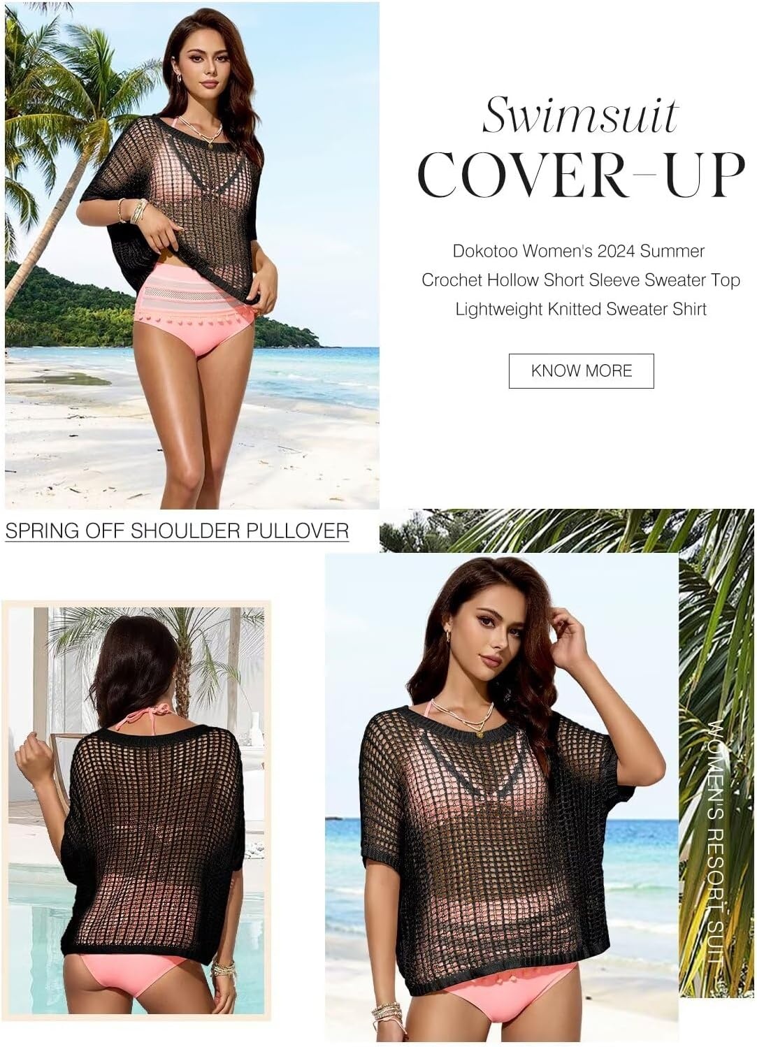 image:imageDokotoo Womens Summer Scoop Neck Short Sleeve Sweater Casual Crochet Hollow Out Knit Tops Pullover Shirts Beach CoverupBlack