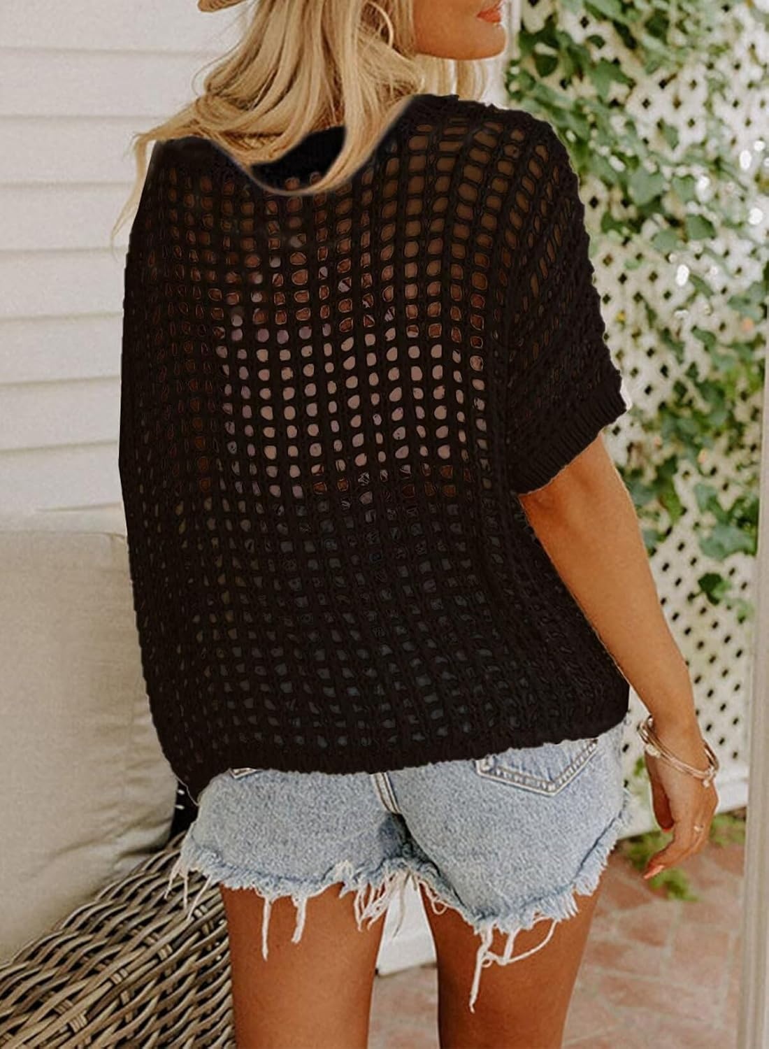 image:imageDokotoo Womens Summer Scoop Neck Short Sleeve Sweater Casual Crochet Hollow Out Knit Tops Pullover Shirts Beach CoverupBlack