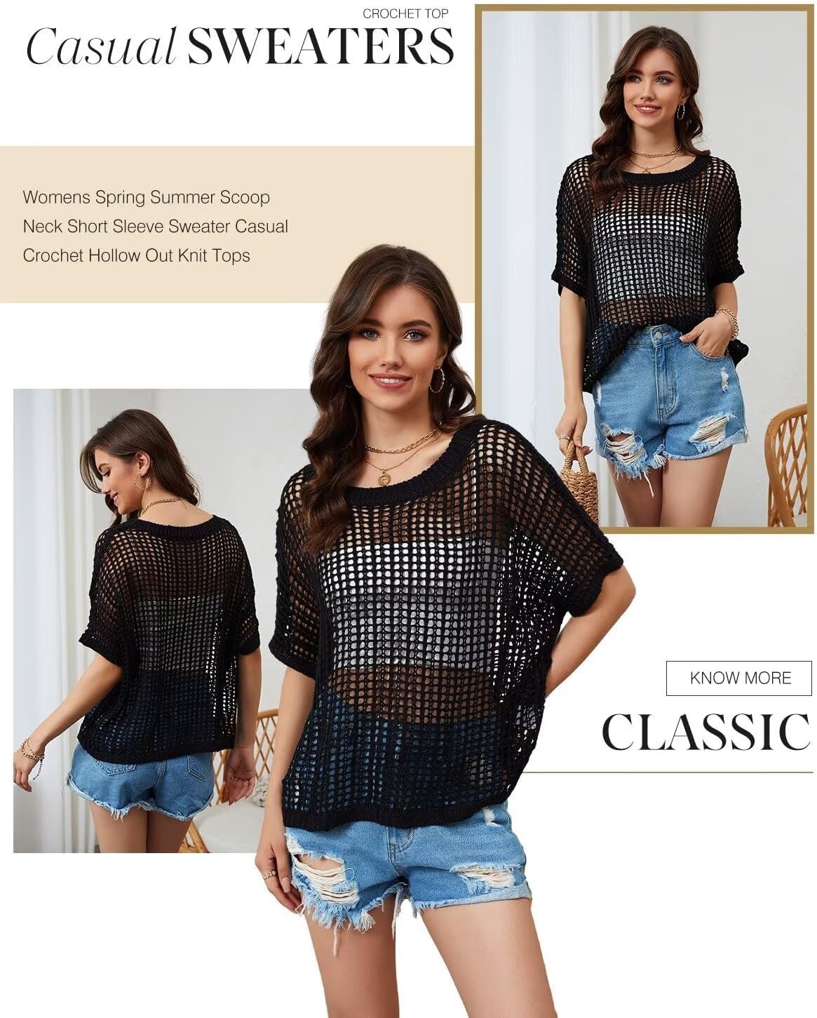 image:imageDokotoo Womens Summer Scoop Neck Short Sleeve Sweater Casual Crochet Hollow Out Knit Tops Pullover Shirts Beach CoverupBlack