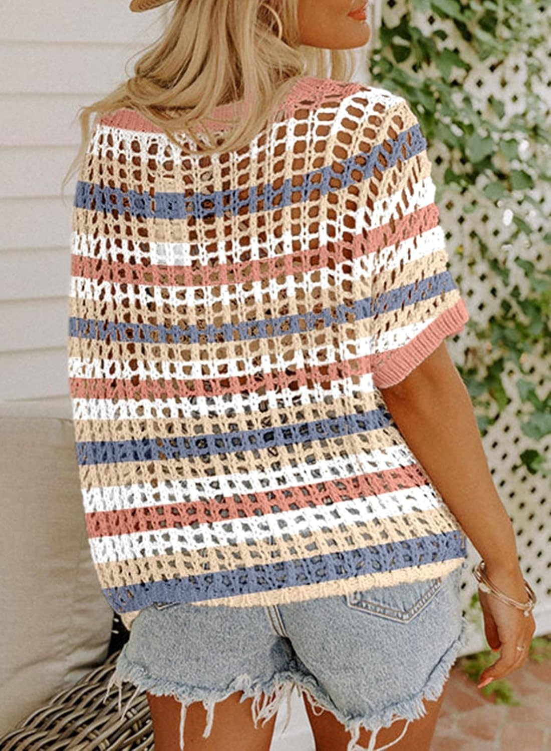 image:imageDokotoo Womens Summer Scoop Neck Short Sleeve Sweater Casual Crochet Hollow Out Knit Tops Pullover Shirts Beach CoverupBlue Stripe