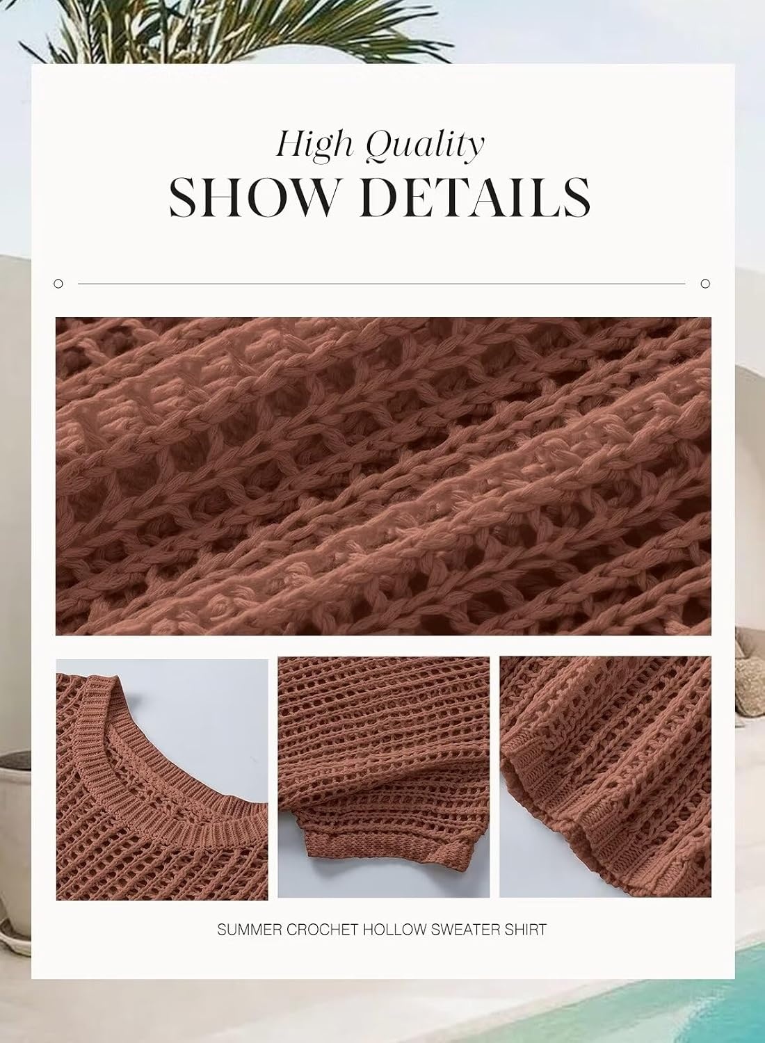 image:imageDokotoo Womens Summer Scoop Neck Short Sleeve Sweater Casual Crochet Hollow Out Knit Tops Pullover Shirts Beach CoverupCoffee