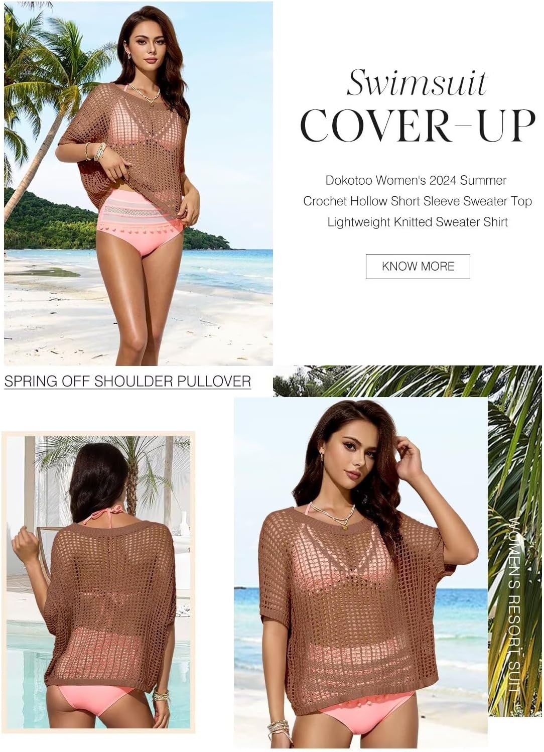 image:imageDokotoo Womens Summer Scoop Neck Short Sleeve Sweater Casual Crochet Hollow Out Knit Tops Pullover Shirts Beach CoverupCoffee