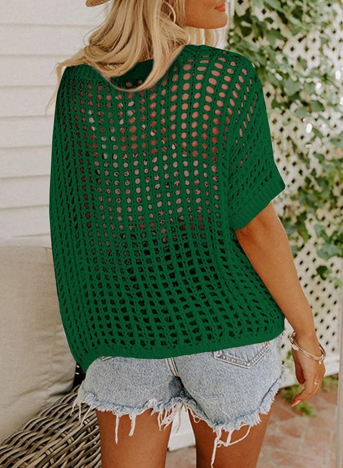 image:imageDokotoo Womens Summer Scoop Neck Short Sleeve Sweater Casual Crochet Hollow Out Knit Tops Pullover Shirts Beach CoverupDark Green