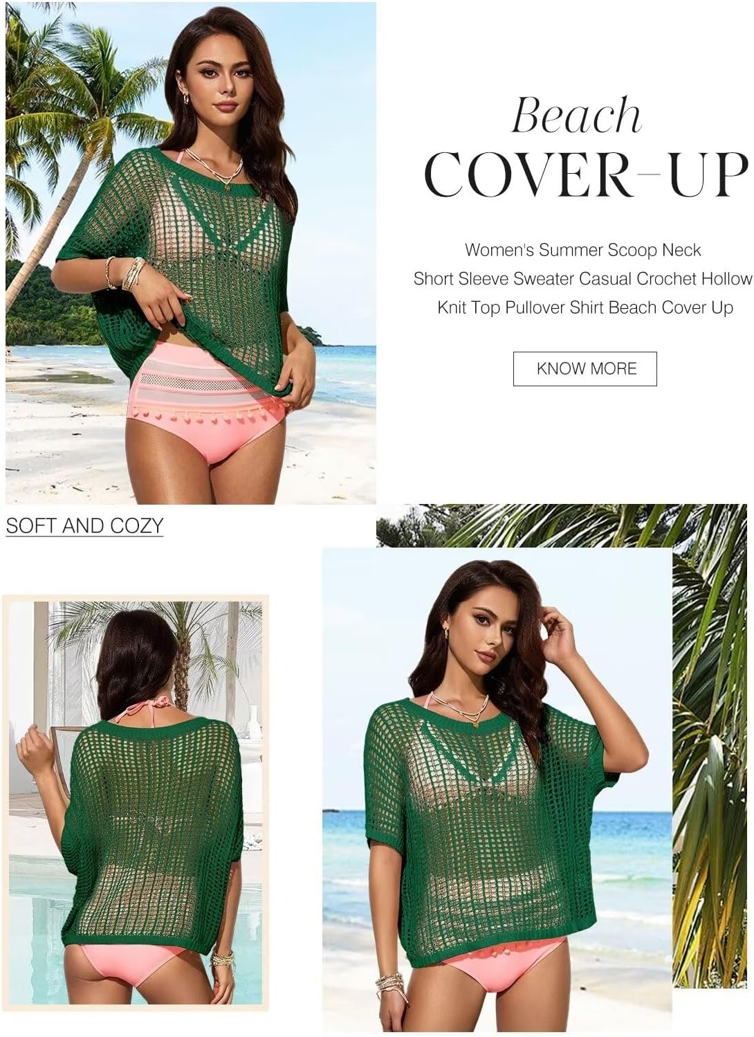 image:imageDokotoo Womens Summer Scoop Neck Short Sleeve Sweater Casual Crochet Hollow Out Knit Tops Pullover Shirts Beach CoverupDark Green