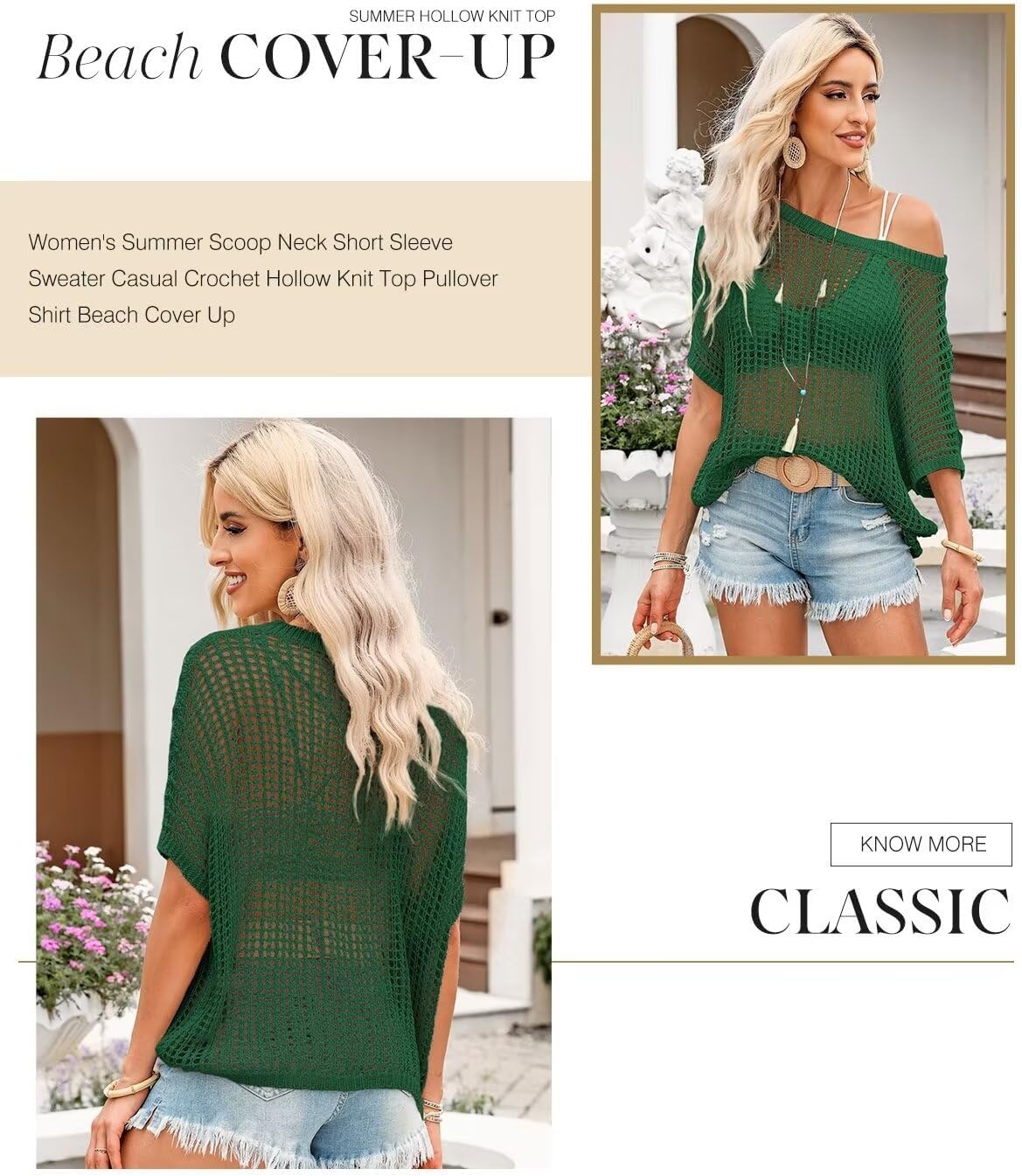 image:imageDokotoo Womens Summer Scoop Neck Short Sleeve Sweater Casual Crochet Hollow Out Knit Tops Pullover Shirts Beach CoverupDark Green