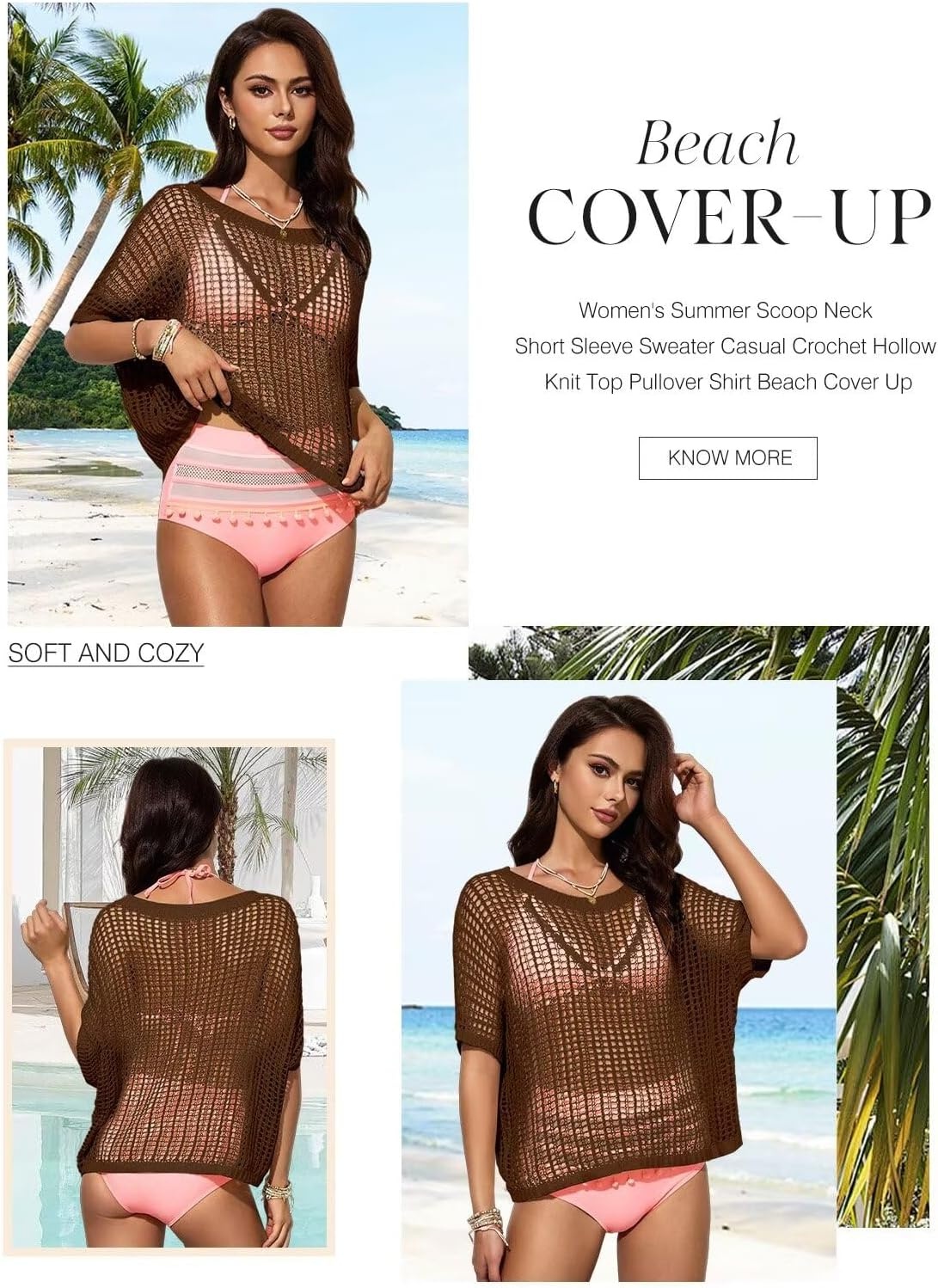 image:imageDokotoo Womens Summer Scoop Neck Short Sleeve Sweater Casual Crochet Hollow Out Knit Tops Pullover Shirts Beach CoverupDesert Palm