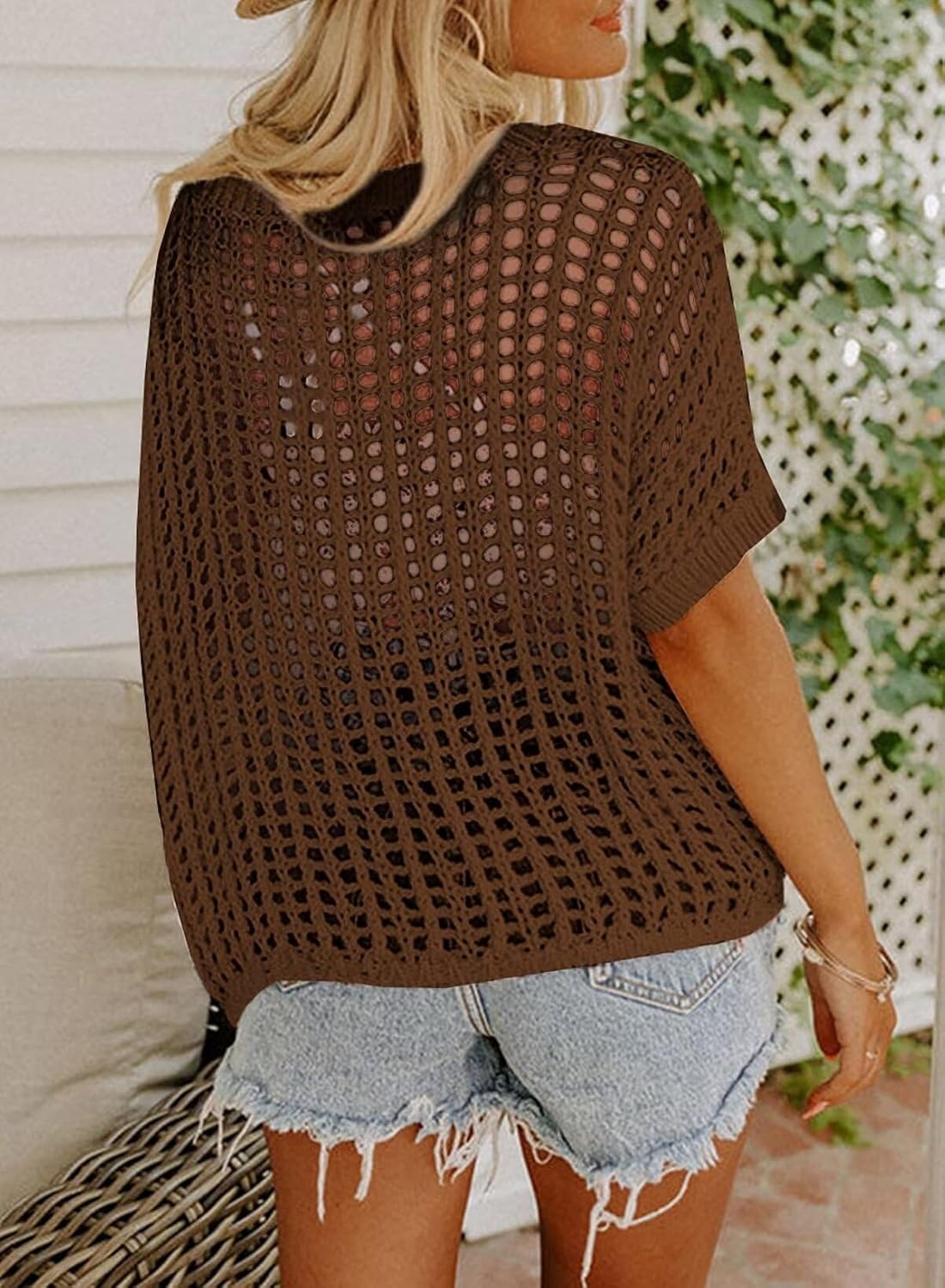 image:imageDokotoo Womens Summer Scoop Neck Short Sleeve Sweater Casual Crochet Hollow Out Knit Tops Pullover Shirts Beach CoverupDesert Palm
