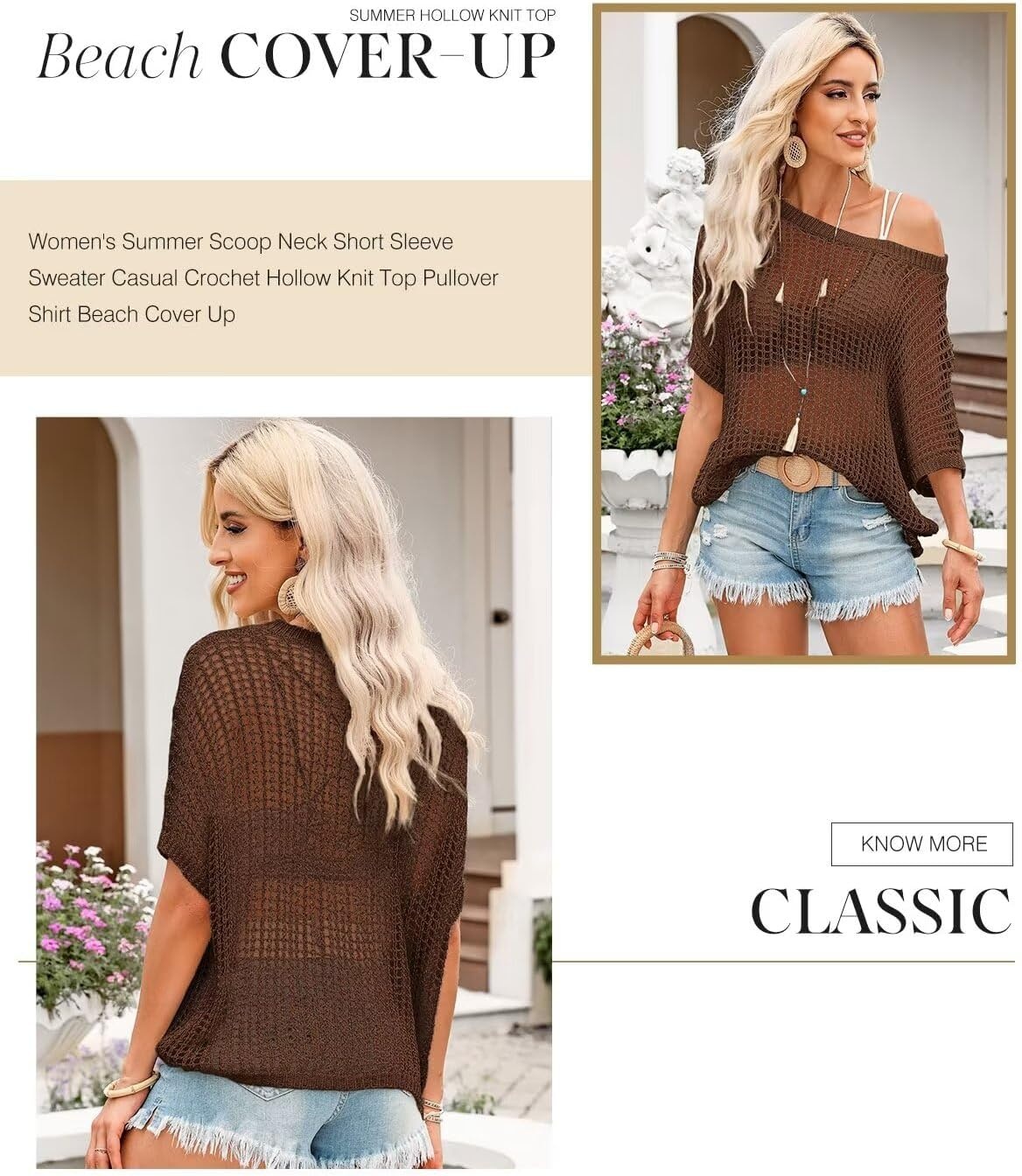image:imageDokotoo Womens Summer Scoop Neck Short Sleeve Sweater Casual Crochet Hollow Out Knit Tops Pullover Shirts Beach CoverupDesert Palm
