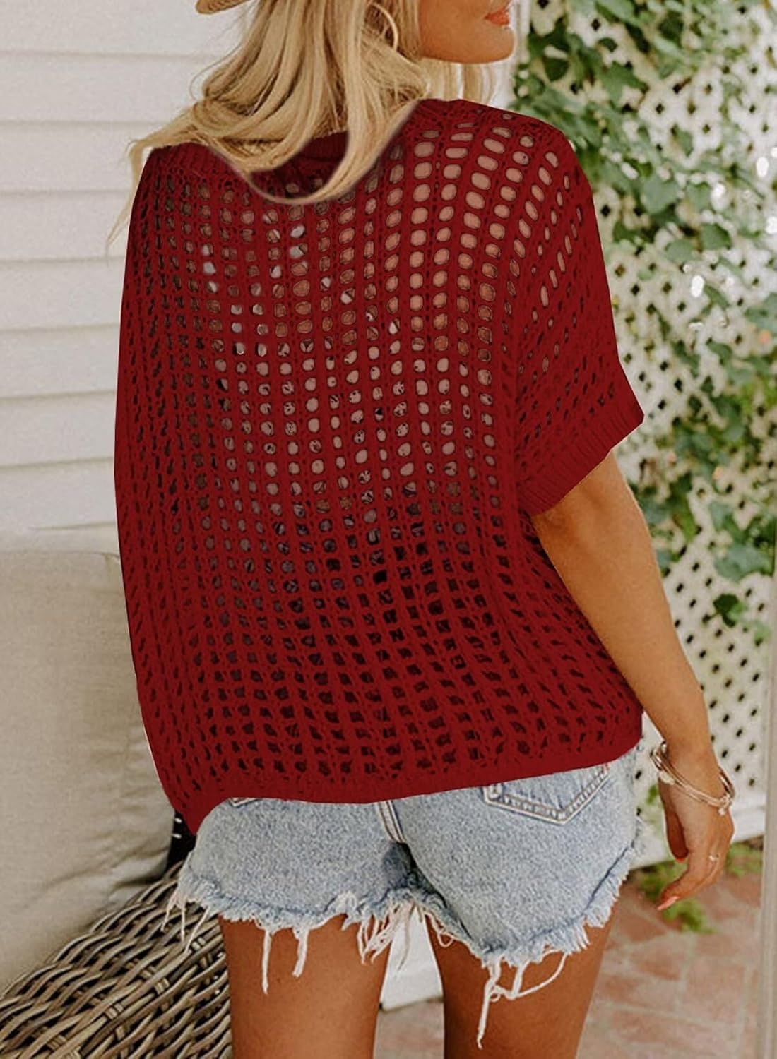 image:imageDokotoo Womens Summer Scoop Neck Short Sleeve Sweater Casual Crochet Hollow Out Knit Tops Pullover Shirts Beach CoverupFiery Red