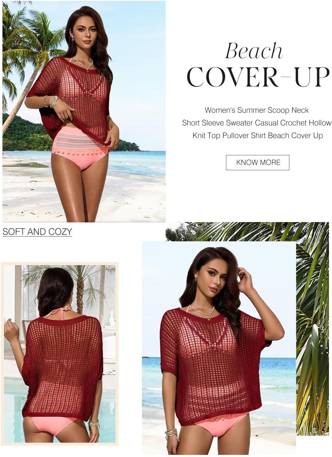 image:imageDokotoo Womens Summer Scoop Neck Short Sleeve Sweater Casual Crochet Hollow Out Knit Tops Pullover Shirts Beach CoverupFiery Red