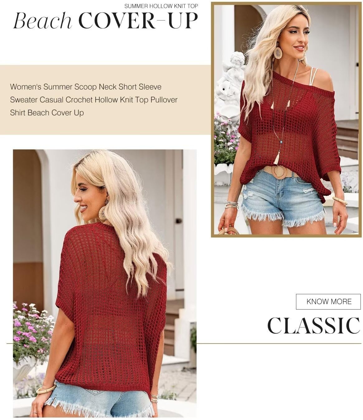 image:imageDokotoo Womens Summer Scoop Neck Short Sleeve Sweater Casual Crochet Hollow Out Knit Tops Pullover Shirts Beach CoverupFiery Red