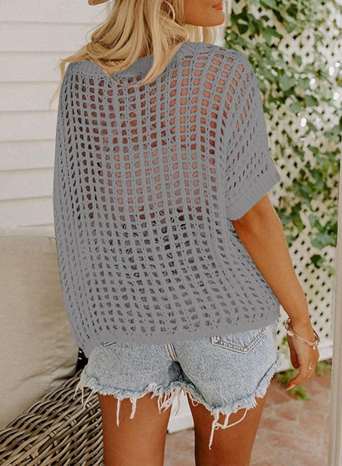 image:imageDokotoo Womens Summer Scoop Neck Short Sleeve Sweater Casual Crochet Hollow Out Knit Tops Pullover Shirts Beach CoverupGray