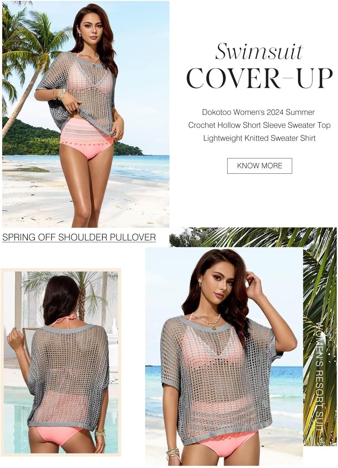 image:imageDokotoo Womens Summer Scoop Neck Short Sleeve Sweater Casual Crochet Hollow Out Knit Tops Pullover Shirts Beach CoverupGray