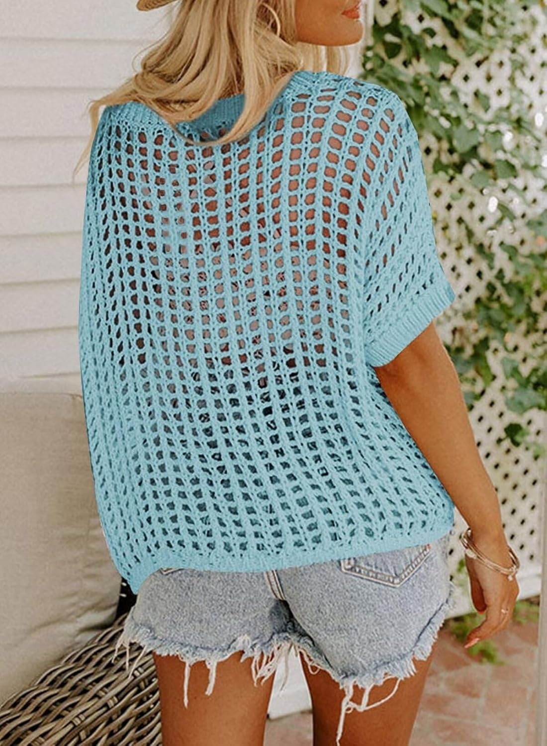 image:imageDokotoo Womens Summer Scoop Neck Short Sleeve Sweater Casual Crochet Hollow Out Knit Tops Pullover Shirts Beach CoverupLight Blue