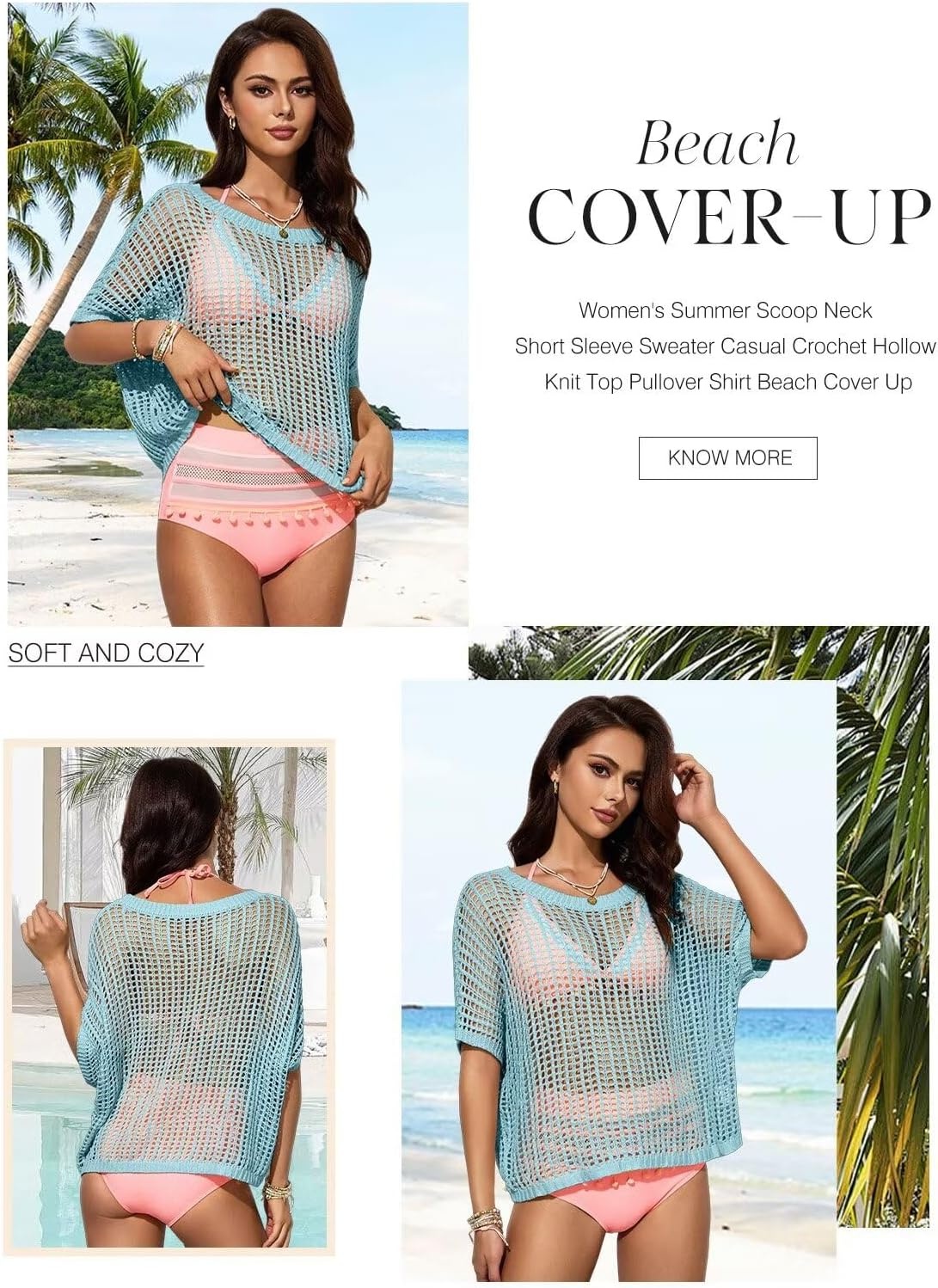 image:imageDokotoo Womens Summer Scoop Neck Short Sleeve Sweater Casual Crochet Hollow Out Knit Tops Pullover Shirts Beach CoverupLight Blue