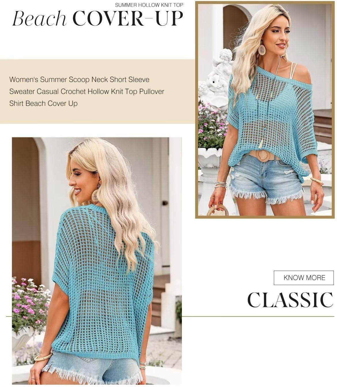 image:imageDokotoo Womens Summer Scoop Neck Short Sleeve Sweater Casual Crochet Hollow Out Knit Tops Pullover Shirts Beach CoverupLight Blue