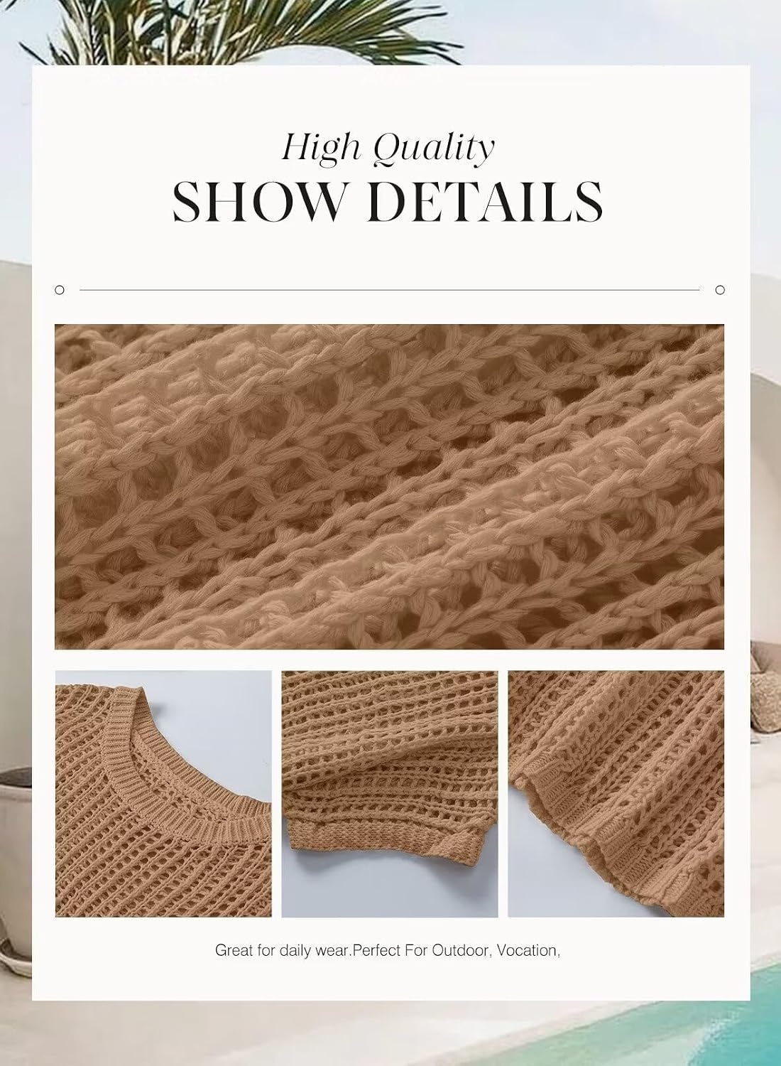 image:imageDokotoo Womens Summer Scoop Neck Short Sleeve Sweater Casual Crochet Hollow Out Knit Tops Pullover Shirts Beach CoverupLight French Beige