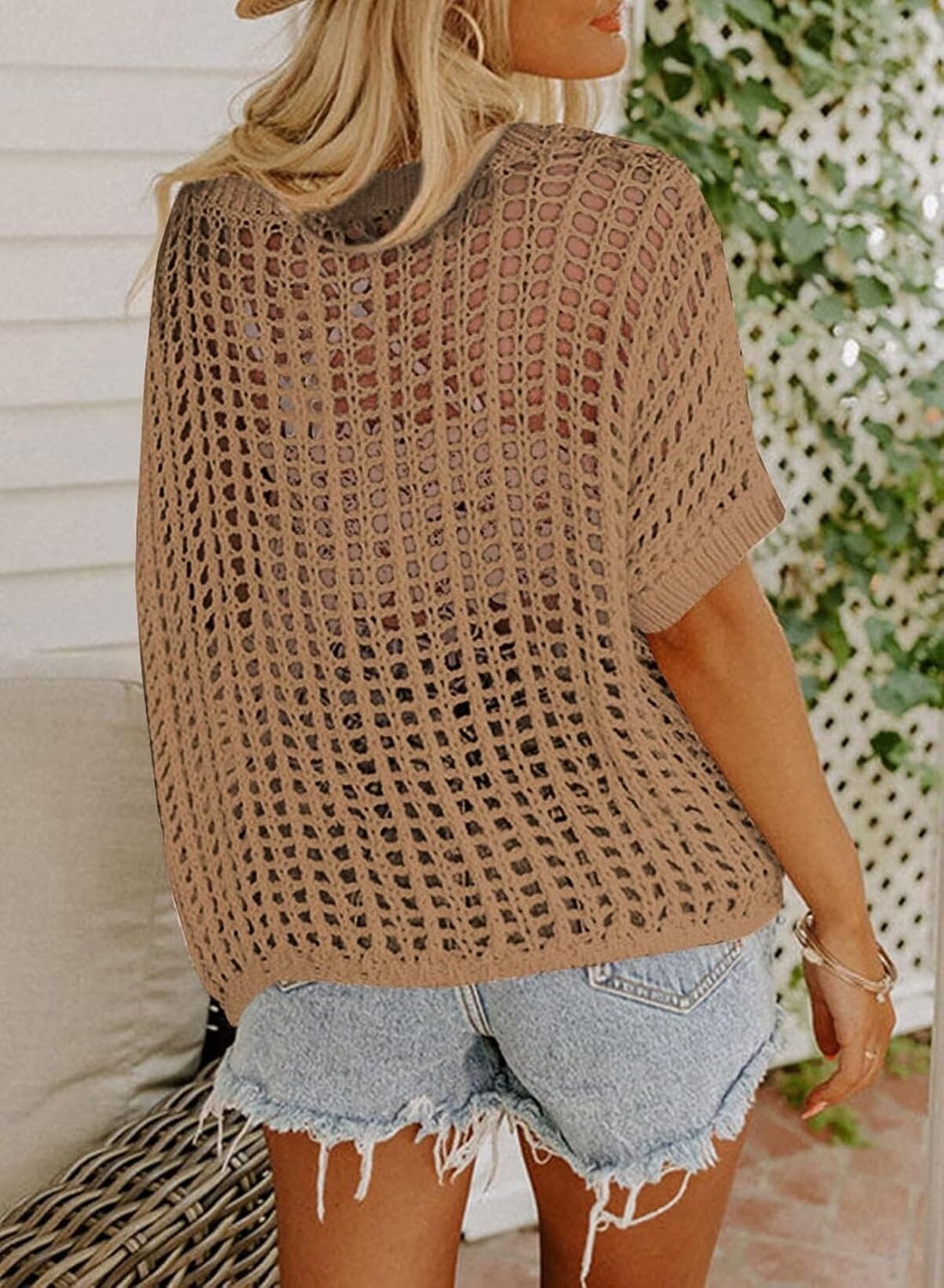 image:imageDokotoo Womens Summer Scoop Neck Short Sleeve Sweater Casual Crochet Hollow Out Knit Tops Pullover Shirts Beach CoverupLight French Beige