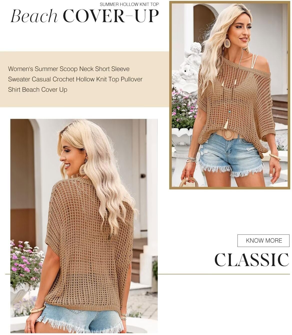 image:imageDokotoo Womens Summer Scoop Neck Short Sleeve Sweater Casual Crochet Hollow Out Knit Tops Pullover Shirts Beach CoverupLight French Beige