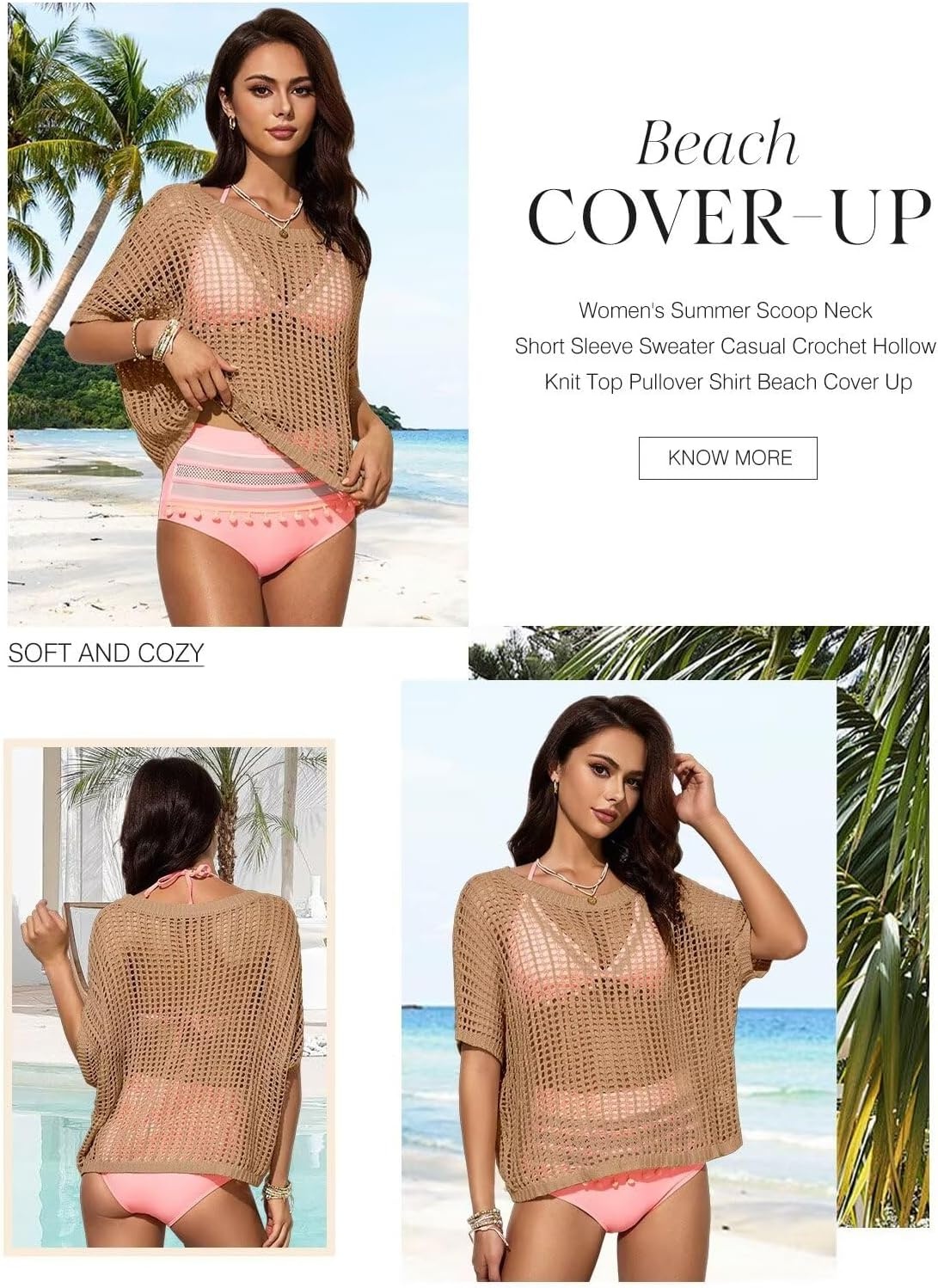 image:imageDokotoo Womens Summer Scoop Neck Short Sleeve Sweater Casual Crochet Hollow Out Knit Tops Pullover Shirts Beach CoverupLight French Beige
