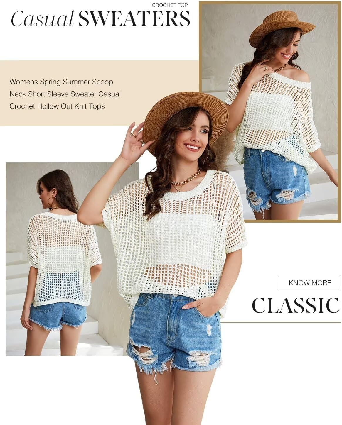 image:imageDokotoo Womens Summer Scoop Neck Short Sleeve Sweater Casual Crochet Hollow Out Knit Tops Pullover Shirts Beach CoverupMilk White