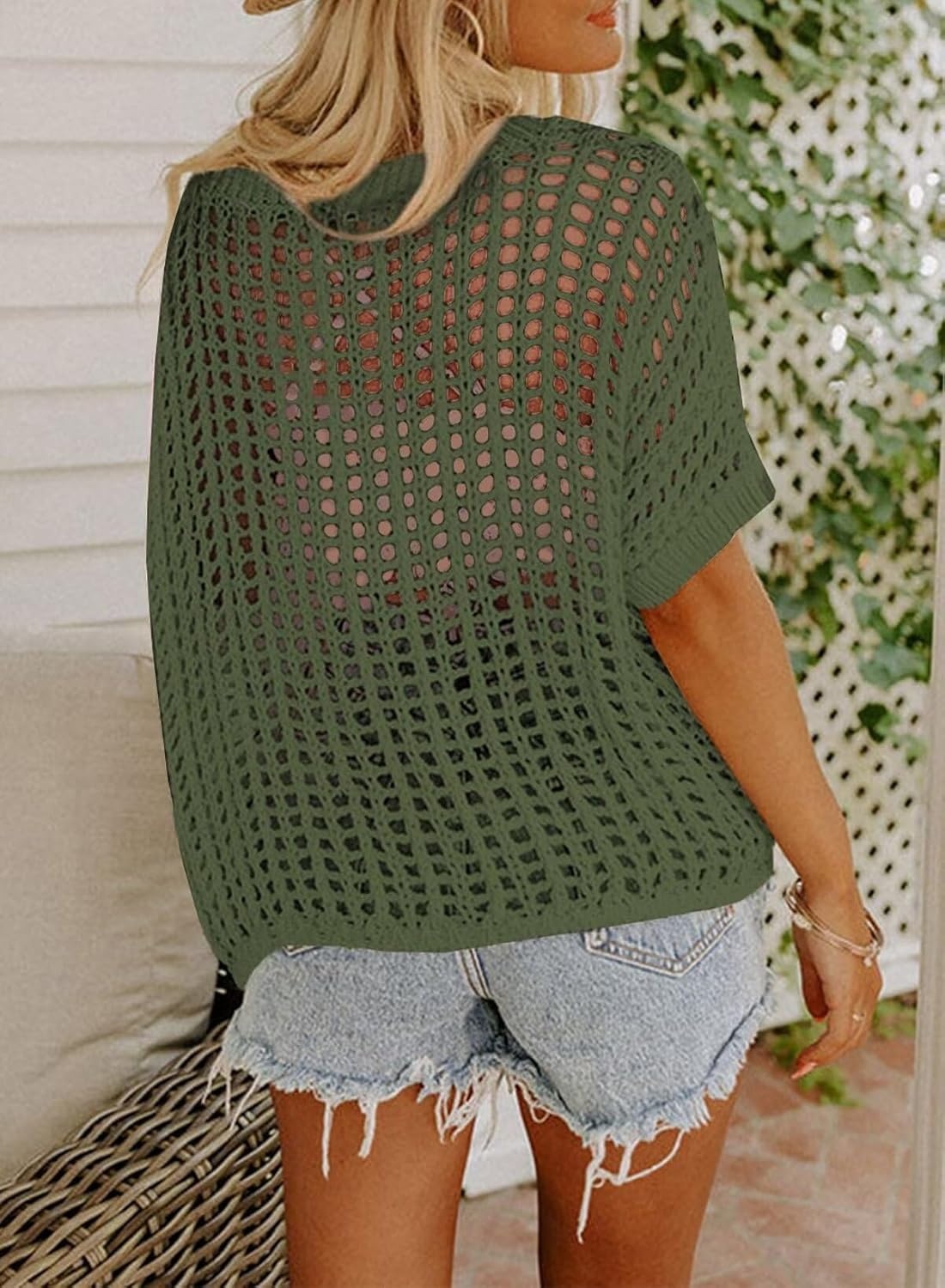 image:imageDokotoo Womens Summer Scoop Neck Short Sleeve Sweater Casual Crochet Hollow Out Knit Tops Pullover Shirts Beach CoverupMist Green