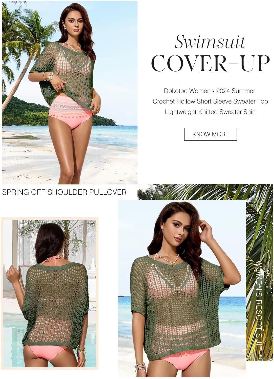 image:imageDokotoo Womens Summer Scoop Neck Short Sleeve Sweater Casual Crochet Hollow Out Knit Tops Pullover Shirts Beach CoverupMist Green