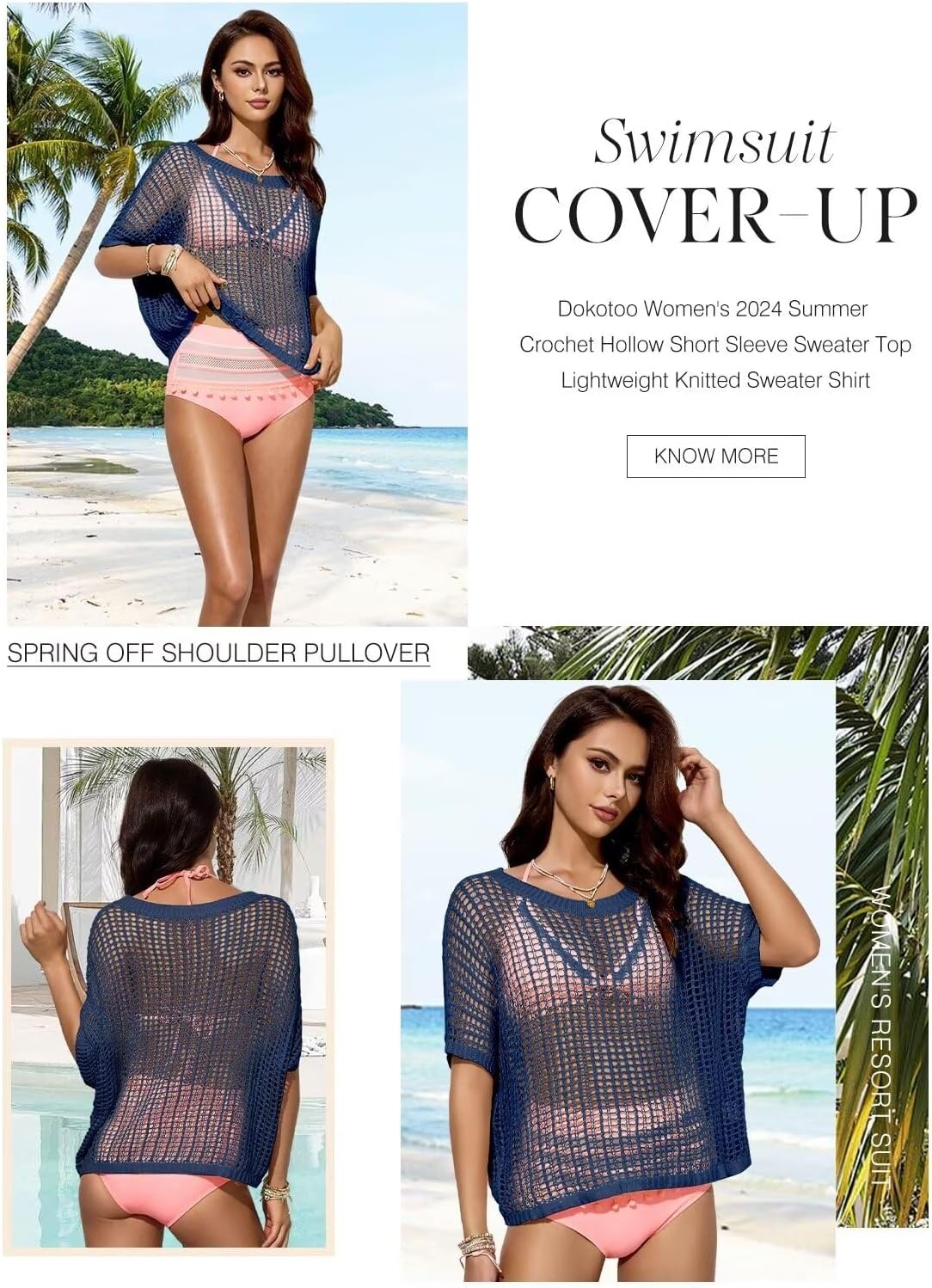 image:imageDokotoo Womens Summer Scoop Neck Short Sleeve Sweater Casual Crochet Hollow Out Knit Tops Pullover Shirts Beach CoverupNavy Blue