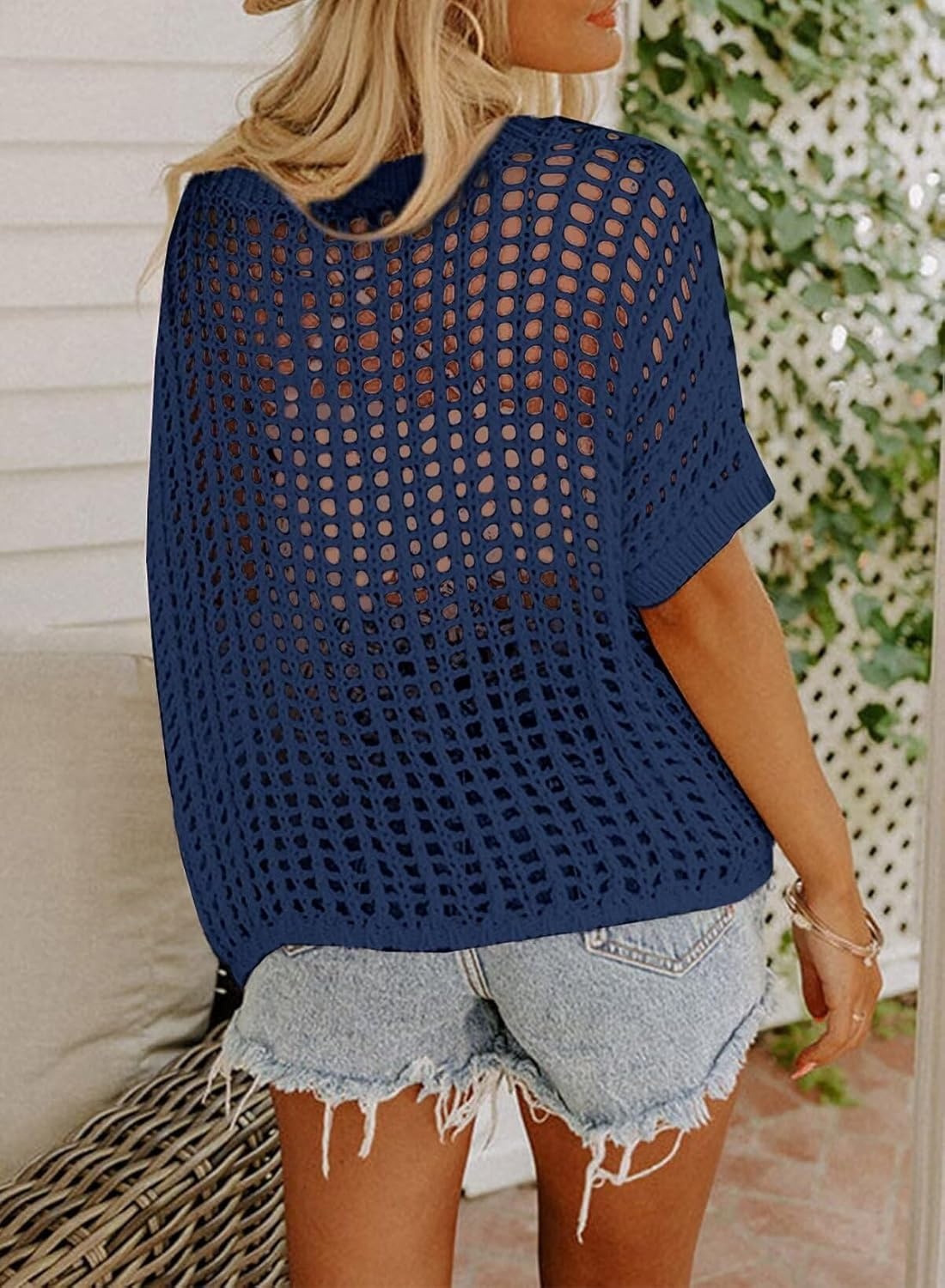 image:imageDokotoo Womens Summer Scoop Neck Short Sleeve Sweater Casual Crochet Hollow Out Knit Tops Pullover Shirts Beach CoverupNavy Blue