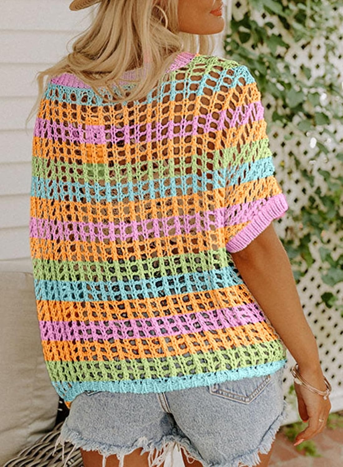 image:imageDokotoo Womens Summer Scoop Neck Short Sleeve Sweater Casual Crochet Hollow Out Knit Tops Pullover Shirts Beach CoverupOrange Stripe