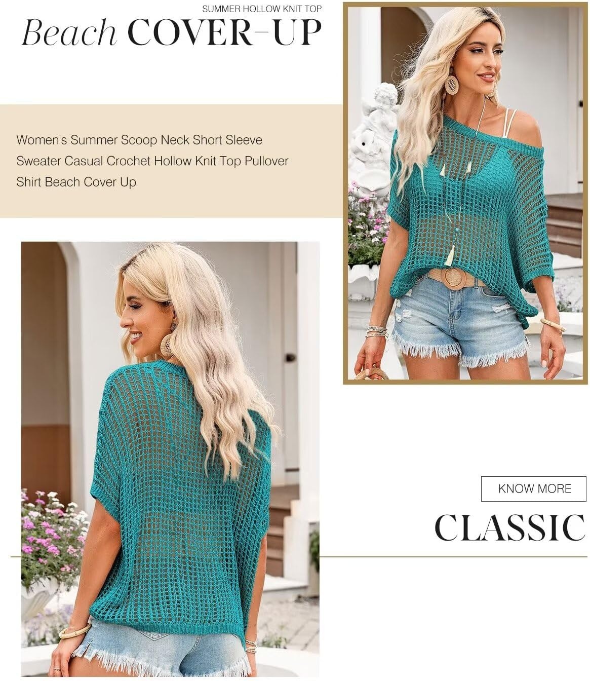 image:imageDokotoo Womens Summer Scoop Neck Short Sleeve Sweater Casual Crochet Hollow Out Knit Tops Pullover Shirts Beach CoverupPeacock Blue