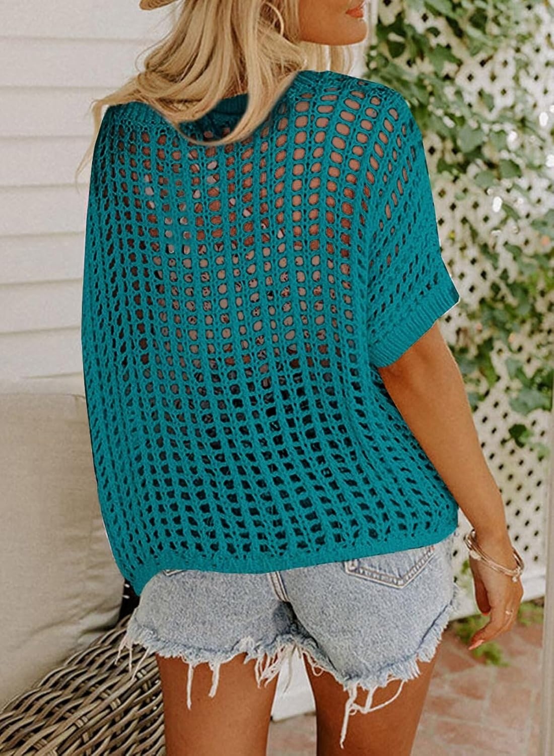 image:imageDokotoo Womens Summer Scoop Neck Short Sleeve Sweater Casual Crochet Hollow Out Knit Tops Pullover Shirts Beach CoverupPeacock Blue