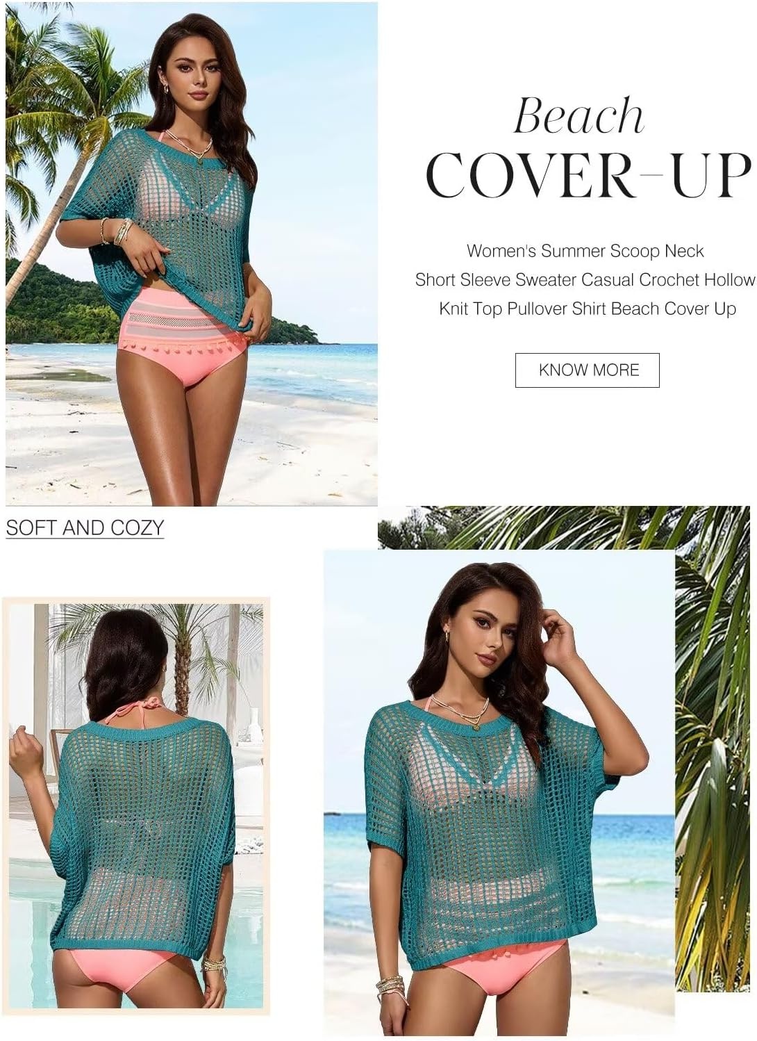 image:imageDokotoo Womens Summer Scoop Neck Short Sleeve Sweater Casual Crochet Hollow Out Knit Tops Pullover Shirts Beach CoverupPeacock Blue