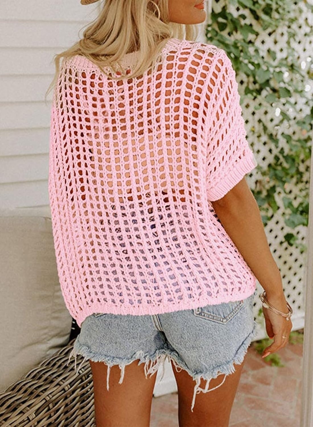 image:imageDokotoo Womens Summer Scoop Neck Short Sleeve Sweater Casual Crochet Hollow Out Knit Tops Pullover Shirts Beach CoverupPink