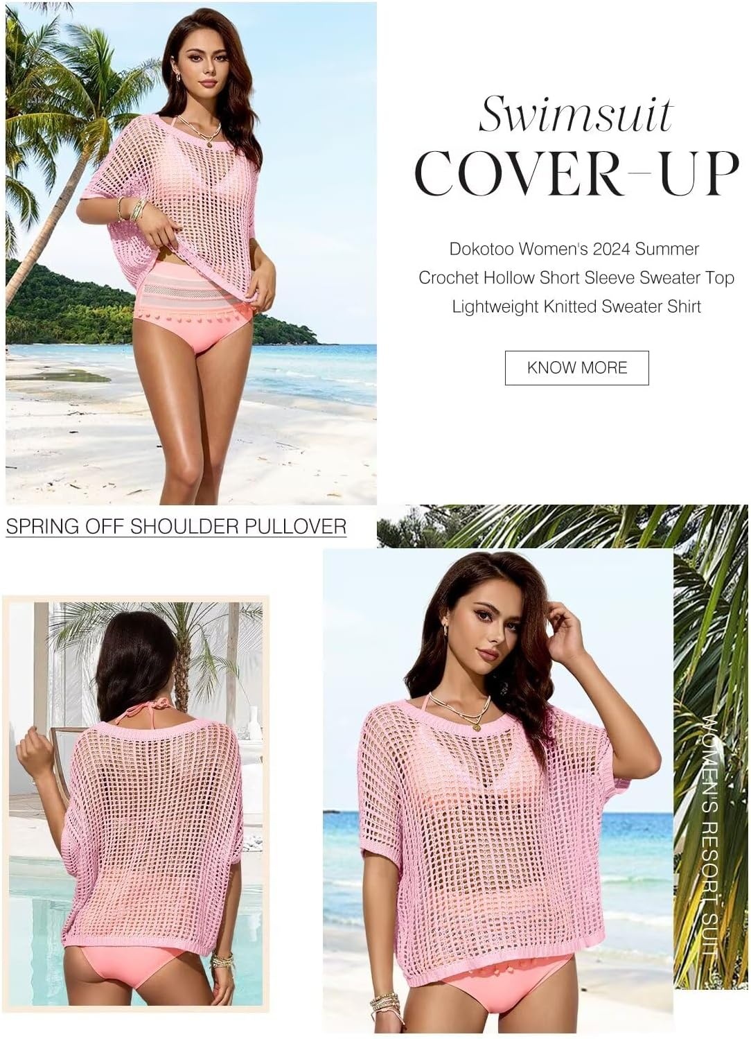 image:imageDokotoo Womens Summer Scoop Neck Short Sleeve Sweater Casual Crochet Hollow Out Knit Tops Pullover Shirts Beach CoverupPink