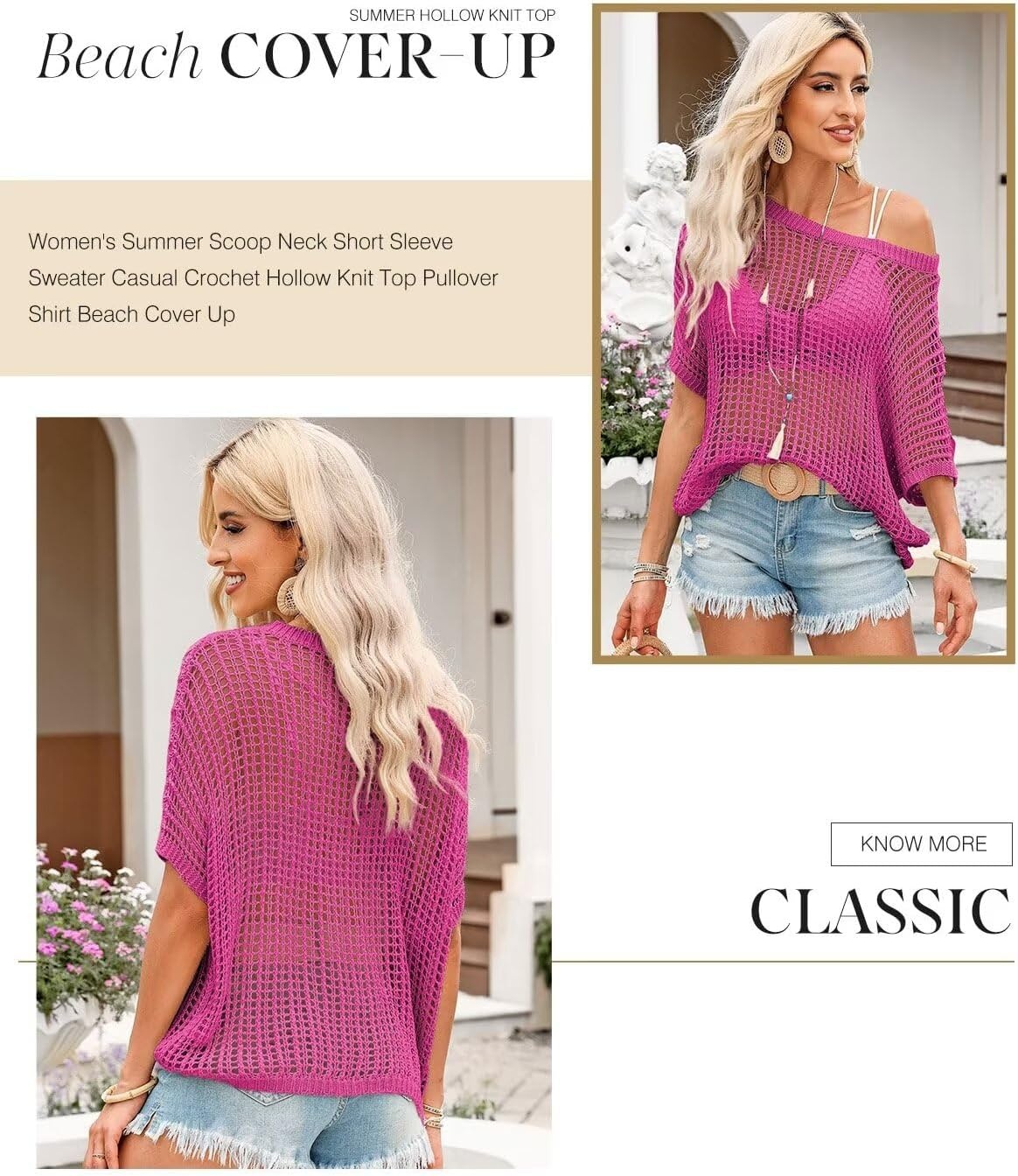 image:imageDokotoo Womens Summer Scoop Neck Short Sleeve Sweater Casual Crochet Hollow Out Knit Tops Pullover Shirts Beach CoverupRose Red