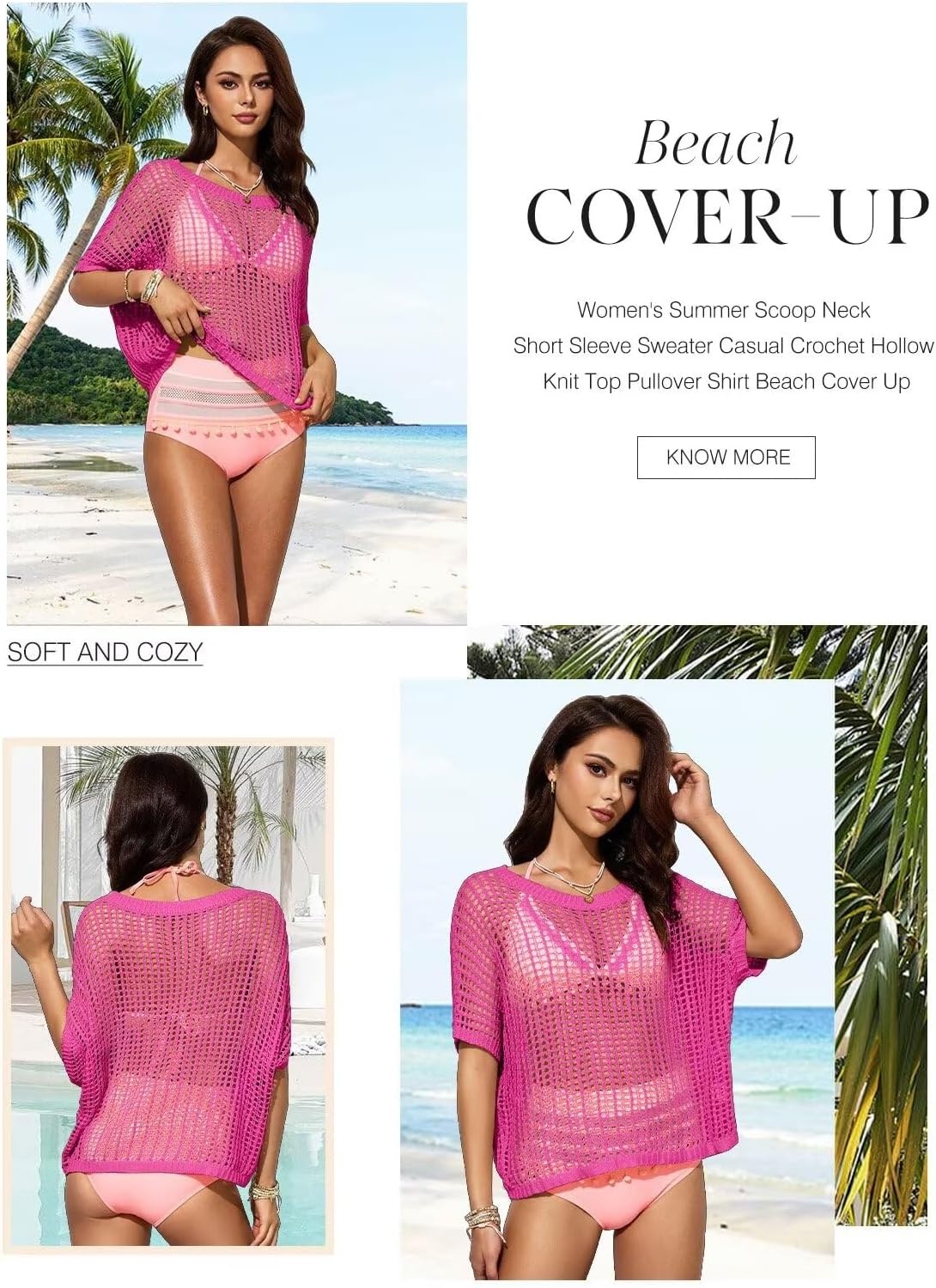 image:imageDokotoo Womens Summer Scoop Neck Short Sleeve Sweater Casual Crochet Hollow Out Knit Tops Pullover Shirts Beach CoverupRose Red