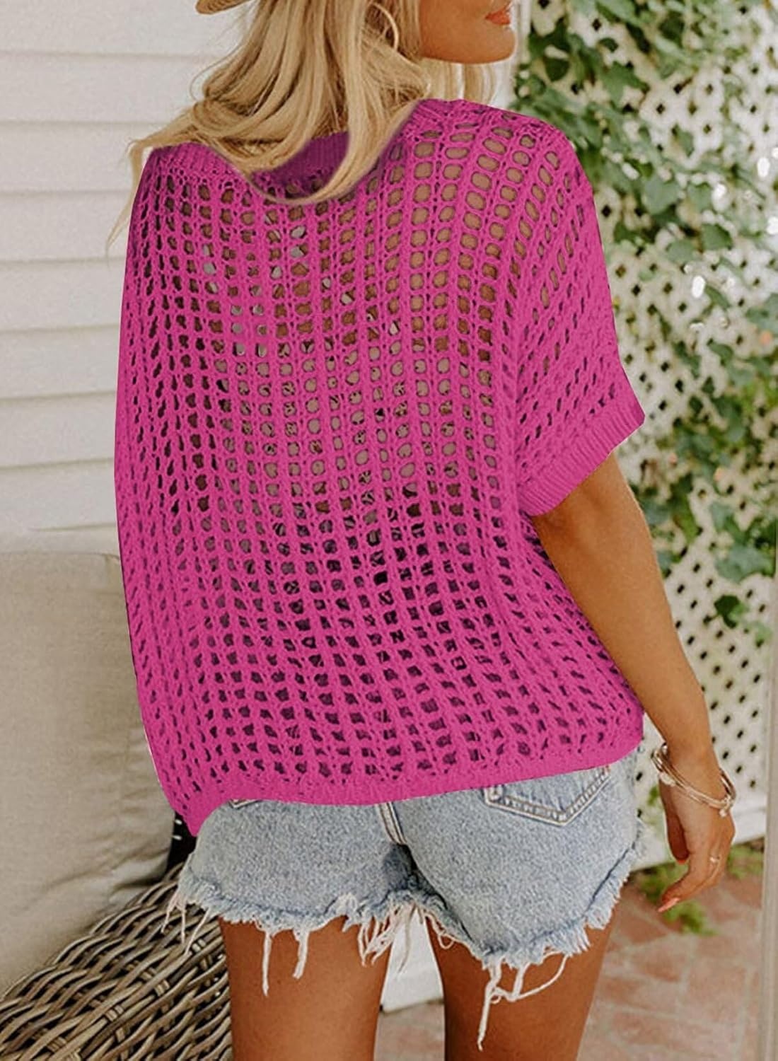 image:imageDokotoo Womens Summer Scoop Neck Short Sleeve Sweater Casual Crochet Hollow Out Knit Tops Pullover Shirts Beach CoverupRose Red