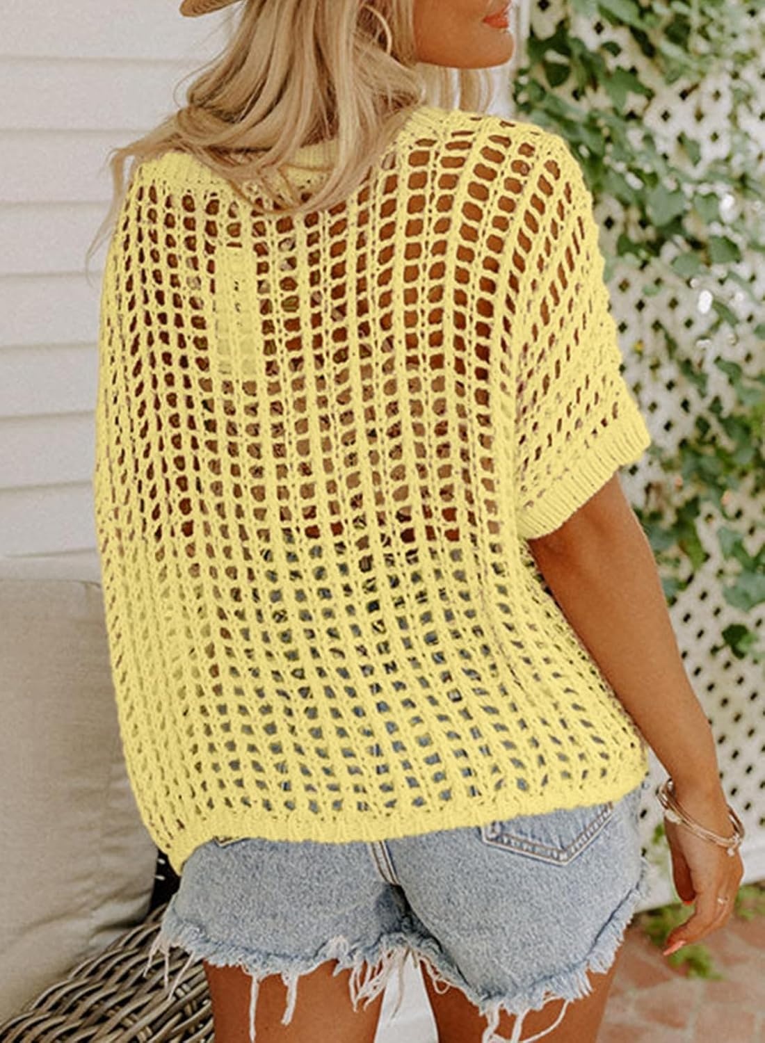 image:imageDokotoo Womens Summer Scoop Neck Short Sleeve Sweater Casual Crochet Hollow Out Knit Tops Pullover Shirts Beach CoverupYellow Cream